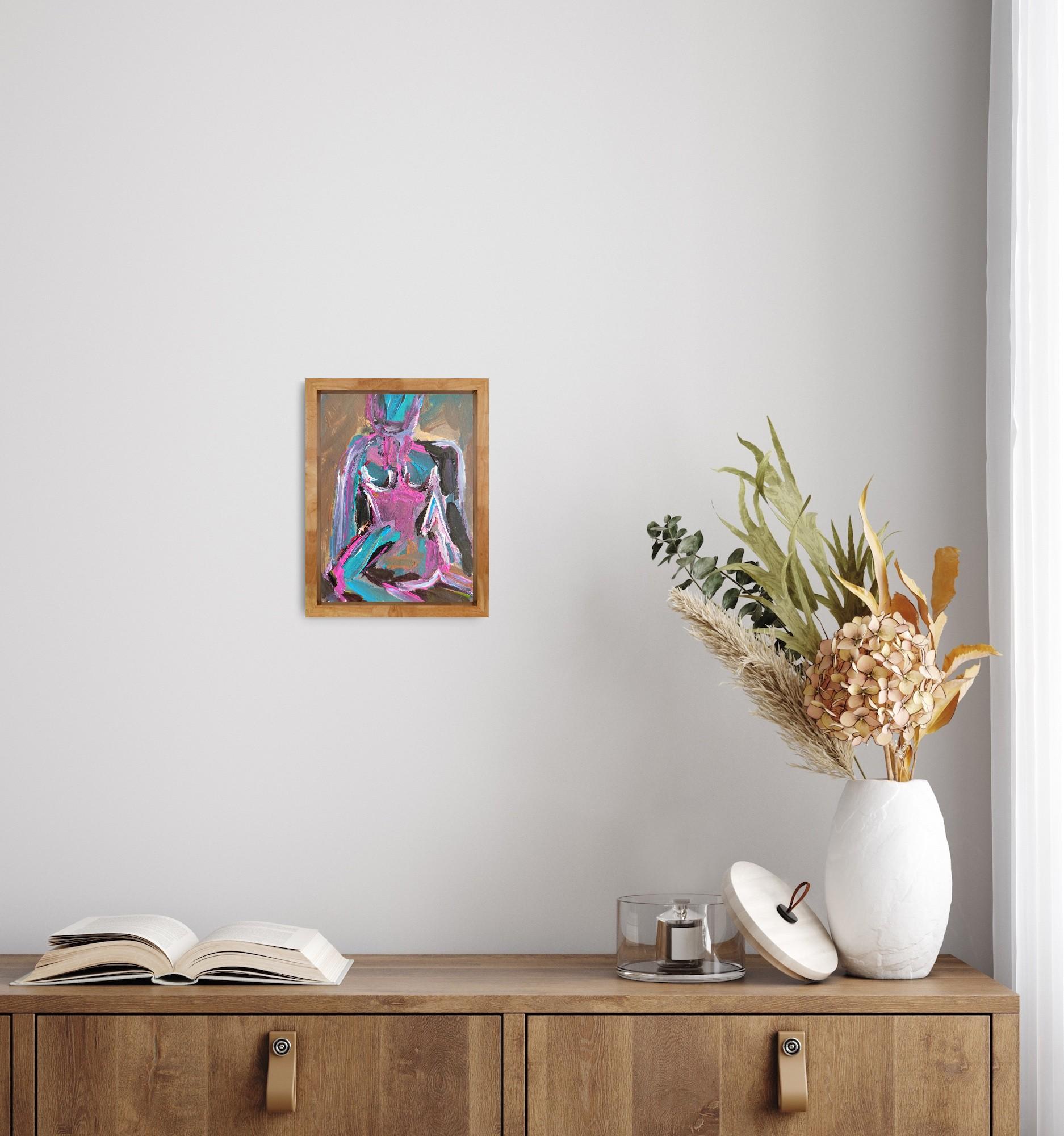 Zeitgenössische bunte abstrakte Acrylmalerei des Körpers einer Frau auf Papier – Painting von Mougenot Natalya