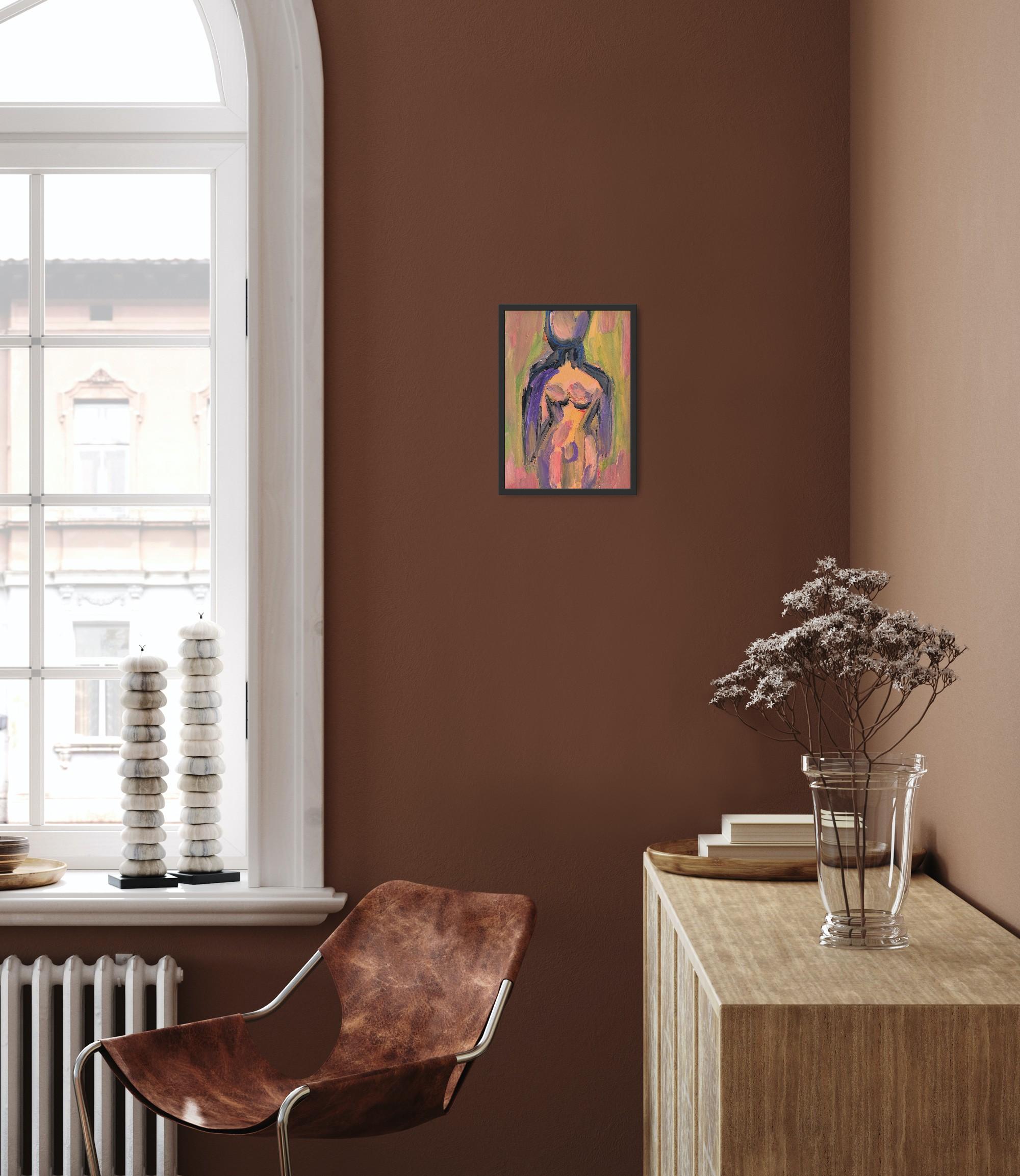 Zeitgenössische bunte abstrakte Acrylmalerei des Körpers einer Frau auf Papier – Painting von Mougenot Natalya