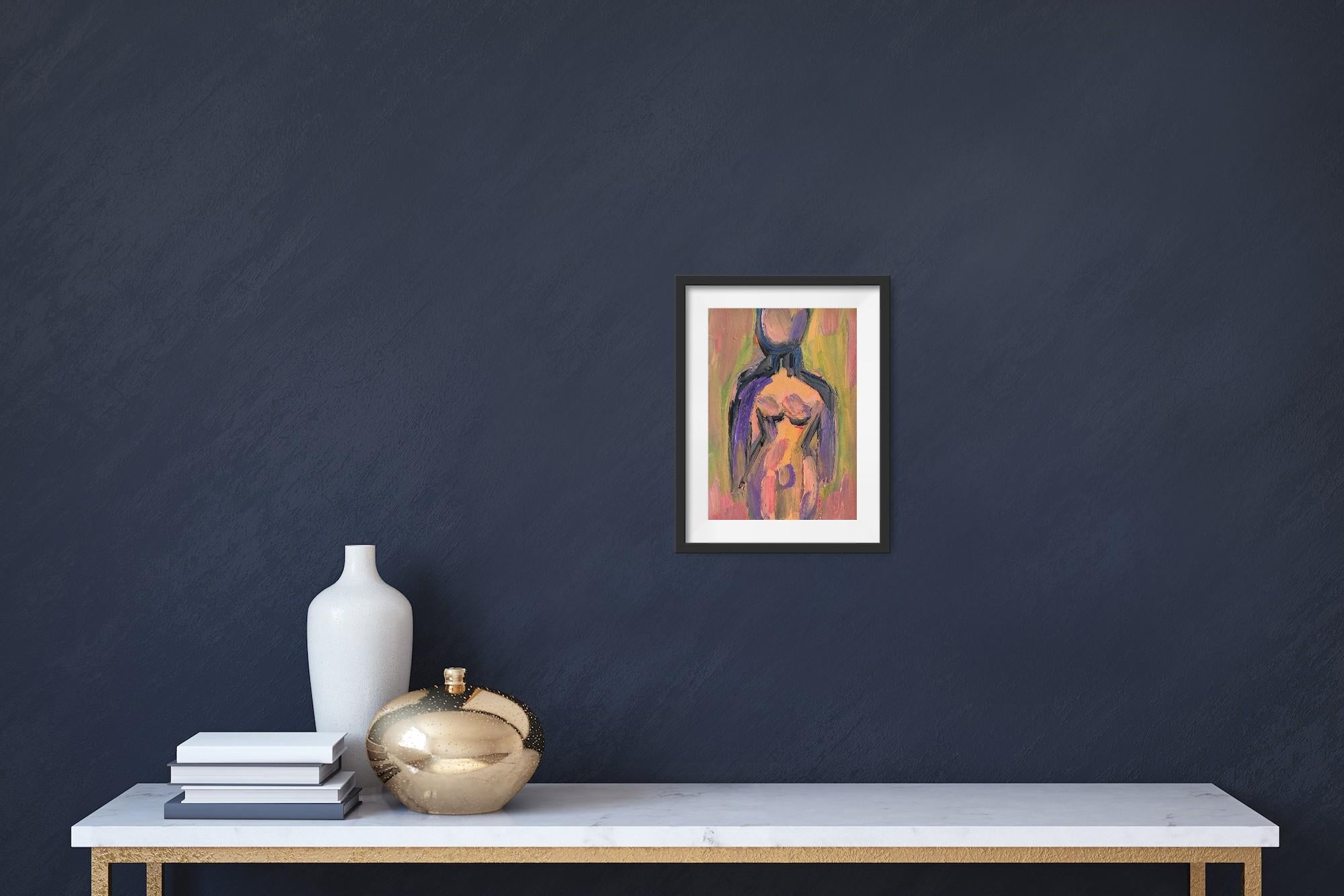Zeitgenössische bunte abstrakte Acrylmalerei des Körpers einer Frau auf Papier (Braun), Abstract Painting, von Mougenot Natalya