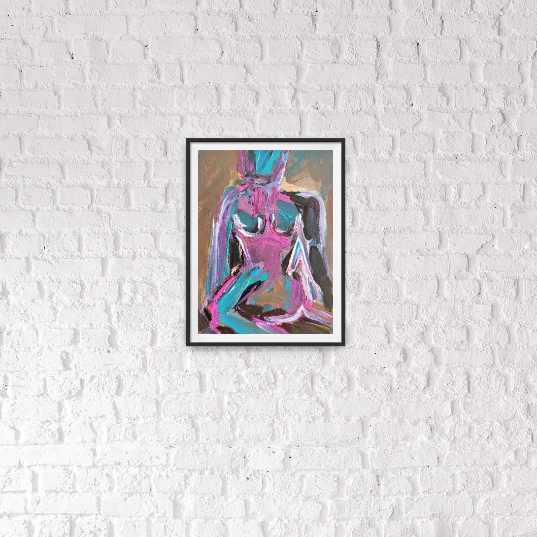 Zeitgenössische bunte abstrakte Acrylmalerei des Körpers einer Frau auf Papier im Angebot 2