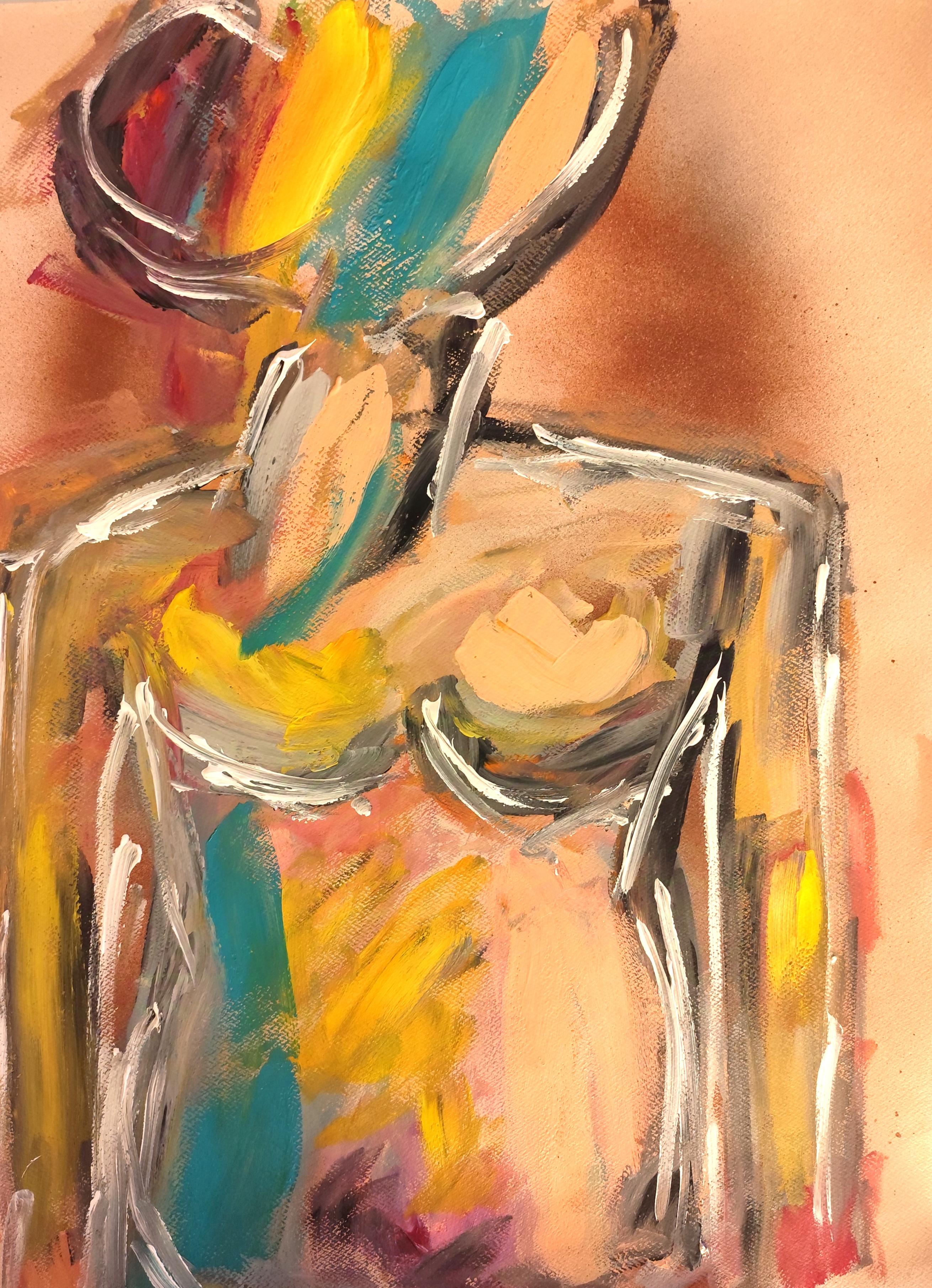 Figurative Painting di Mougenot Natalya - Quadro astratto colorato contemporaneo di corpo di donna su carta