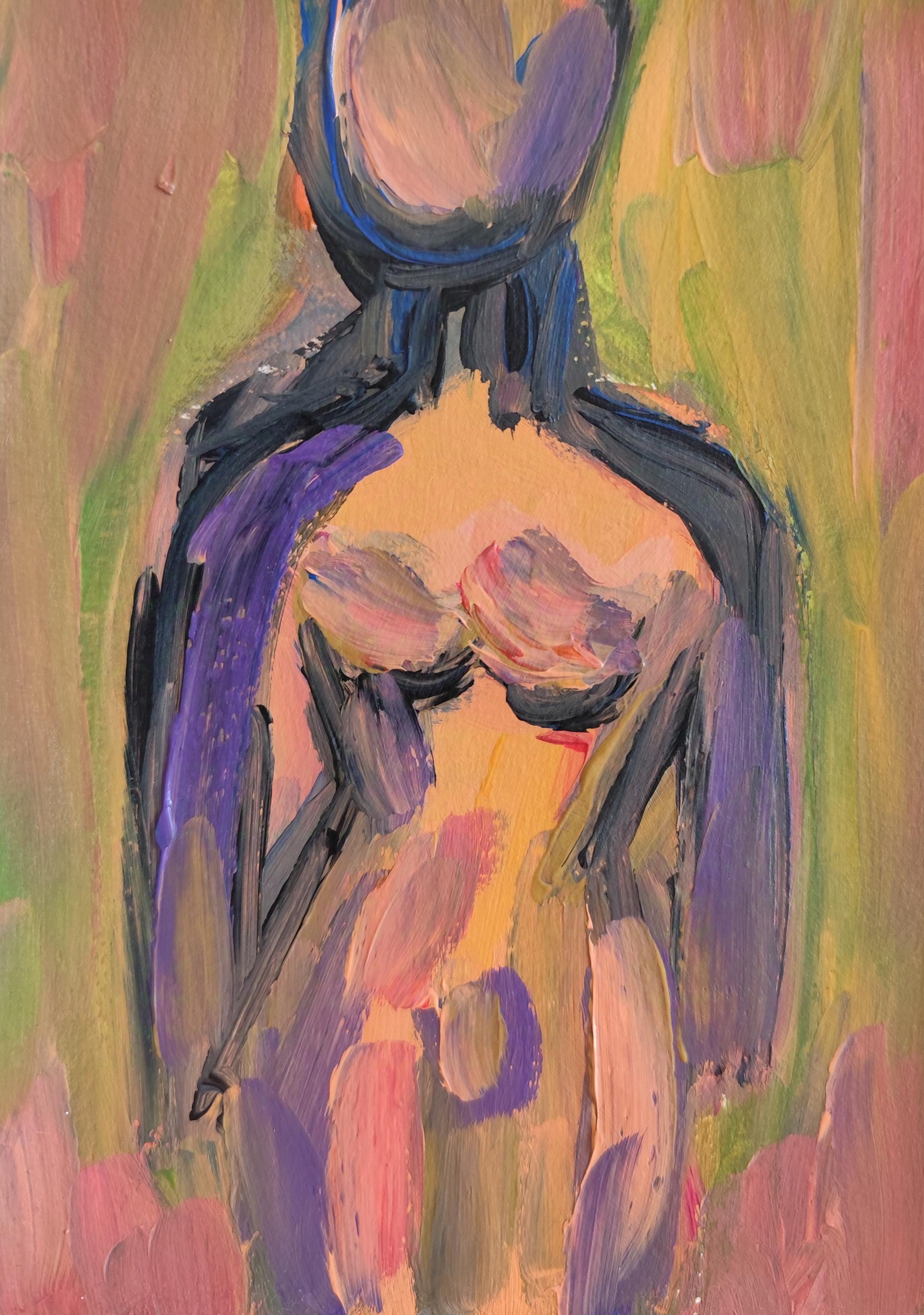Quadro astratto colorato contemporaneo di corpo di donna su carta