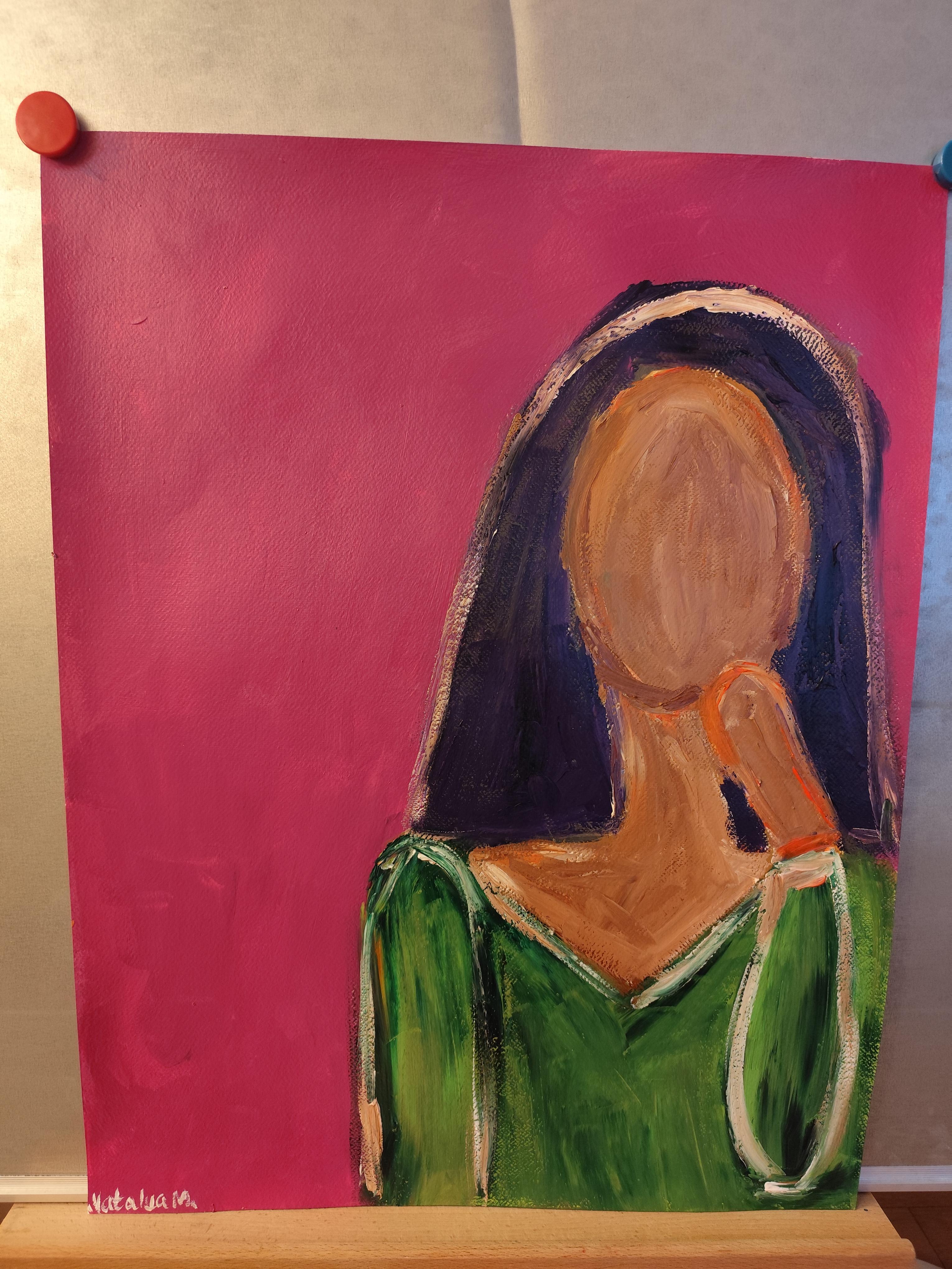 Ritratto astratto di donna in stile contemporaneo e colorato, pittura acrilica su carta in vendita 6