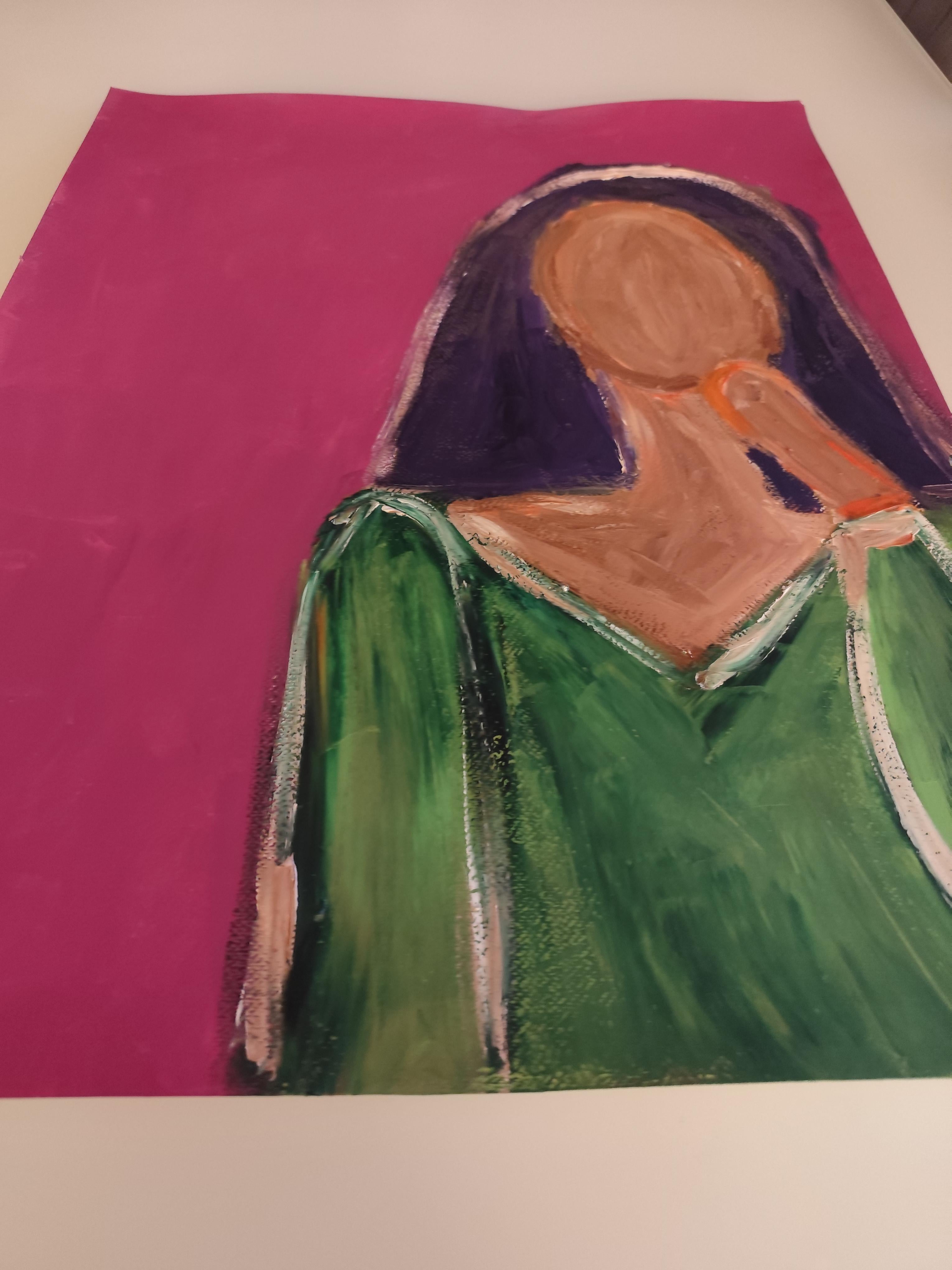 Ritratto astratto di donna in stile contemporaneo e colorato, pittura acrilica su carta in vendita 12