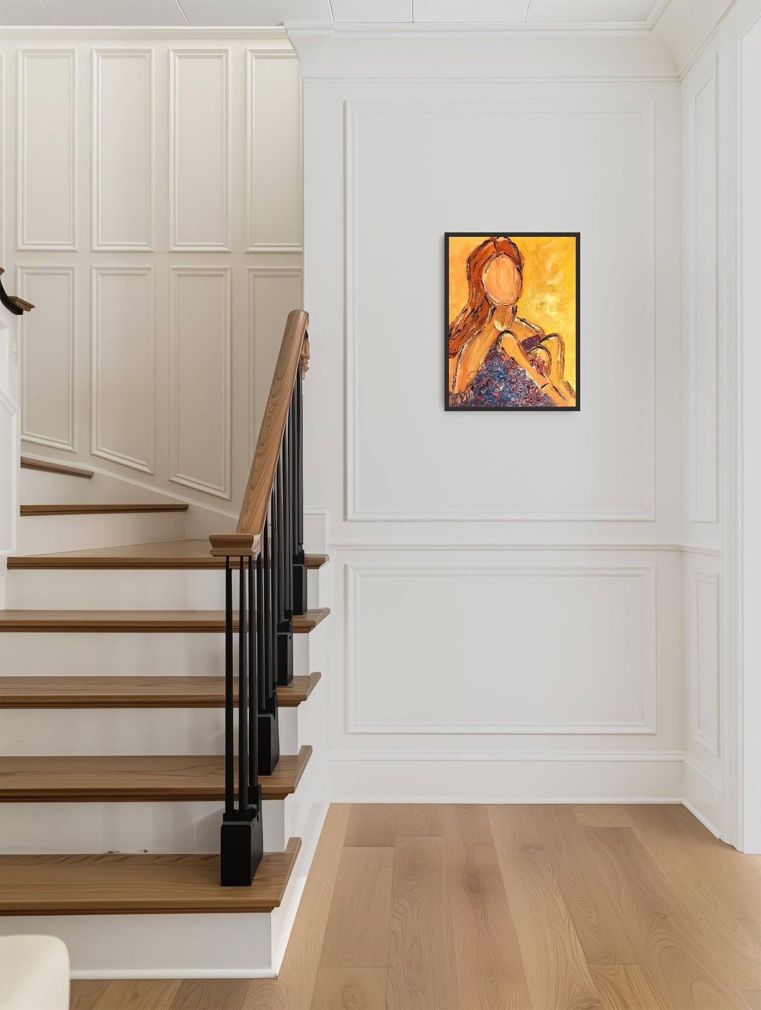 Ritratto astratto di donna in stile contemporaneo e colorato, pittura acrilica su carta - Painting di Mougenot Natalya