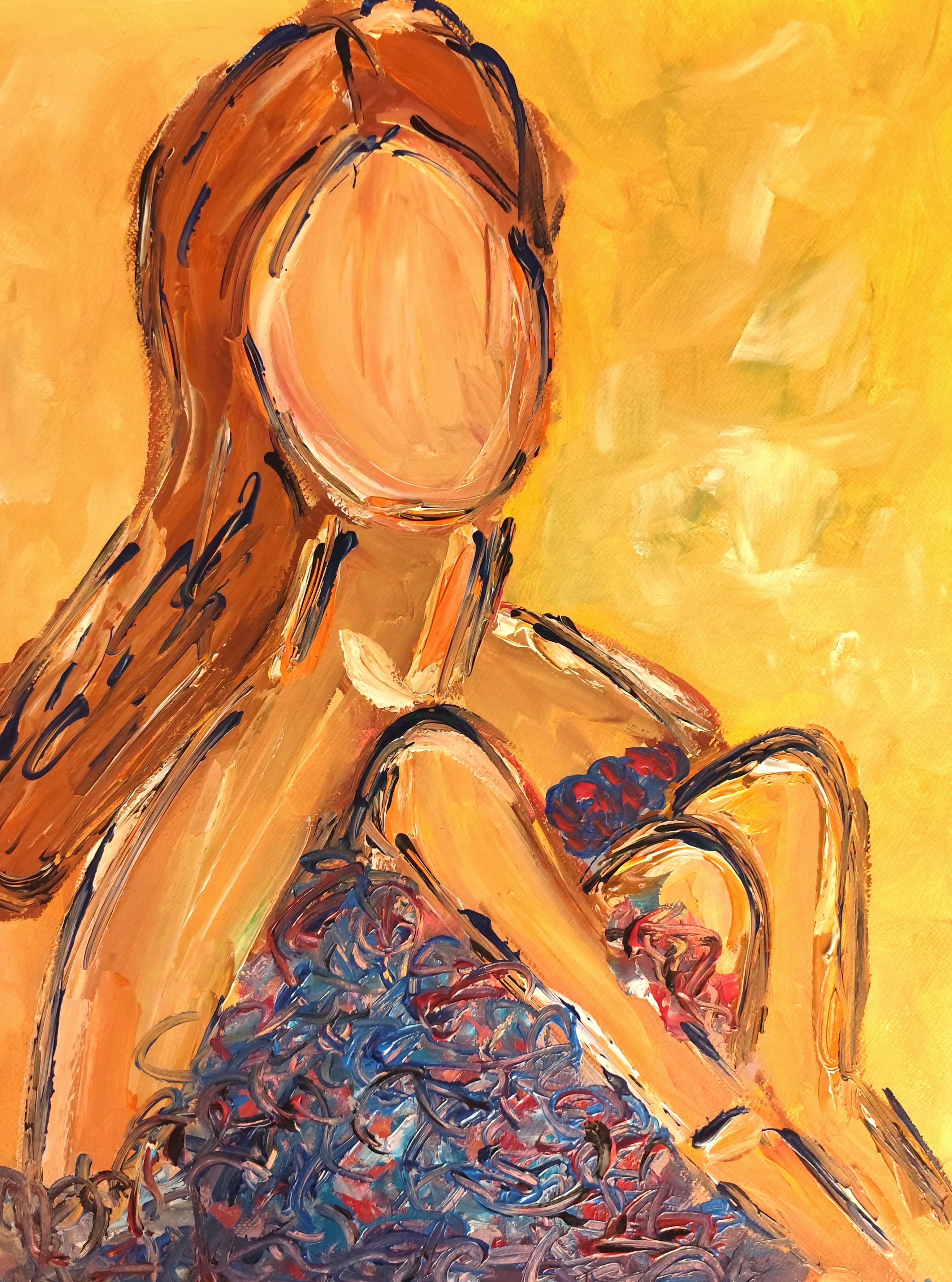 Figurative Painting di Mougenot Natalya - Ritratto astratto di donna in stile contemporaneo e colorato, pittura acrilica su carta