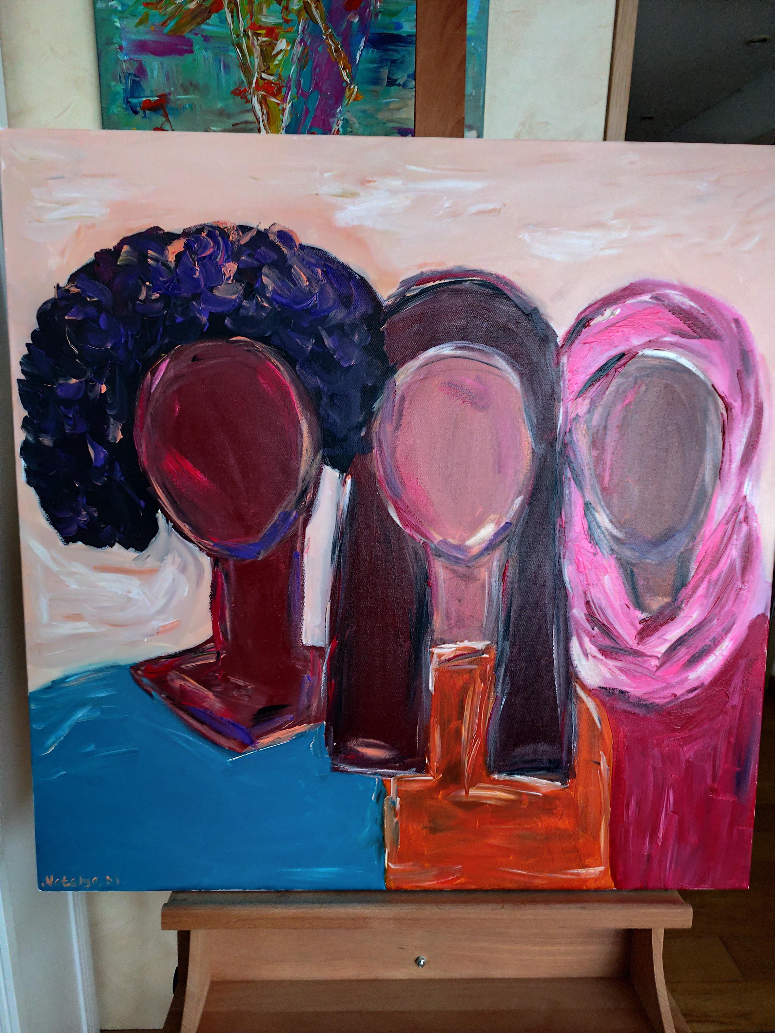 Retrato abstracto contemporáneo colorido de mujer pintura acrílica sobre lienzo en venta 5