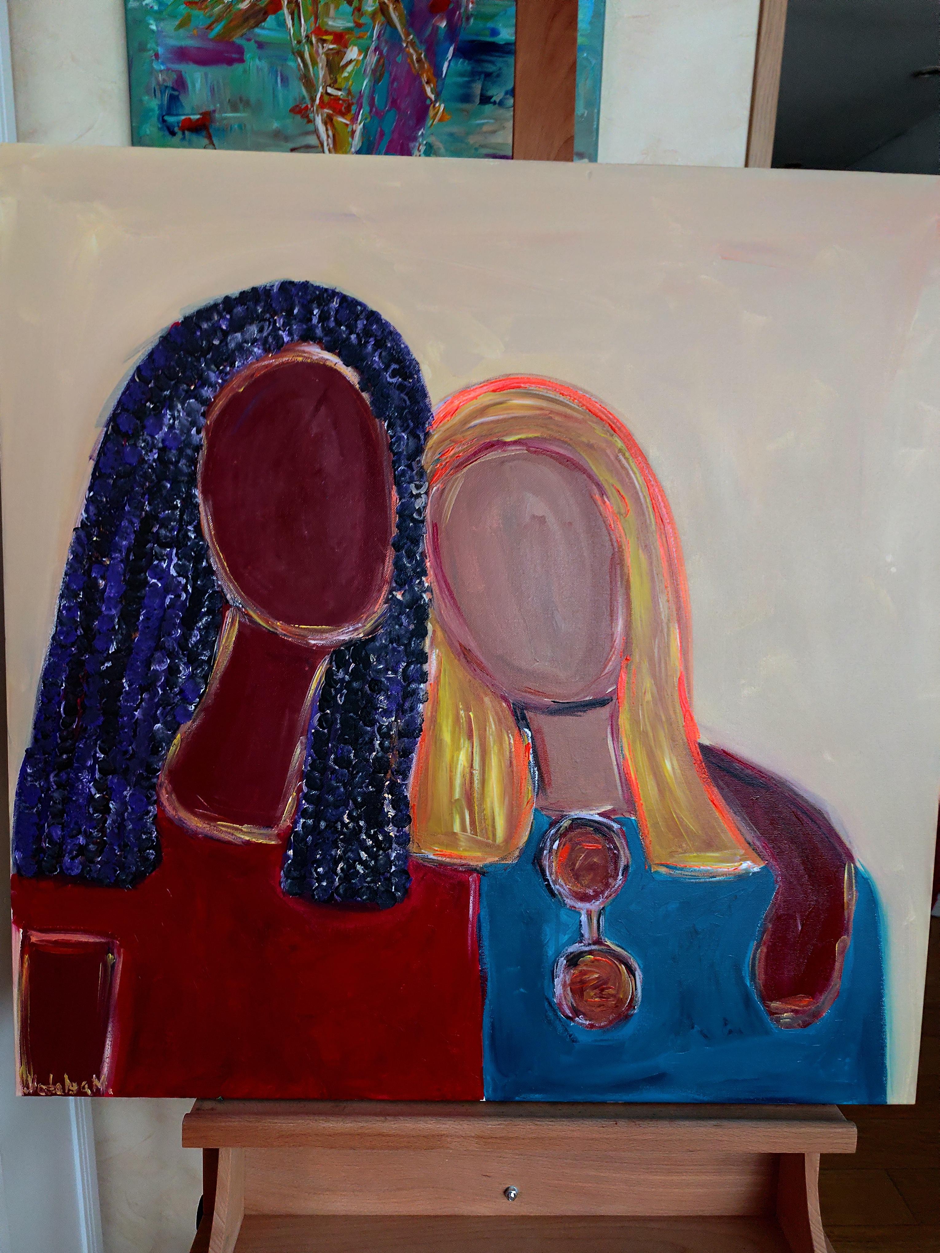 Retrato abstracto contemporáneo colorido de mujer pintura acrílica sobre lienzo en venta 11