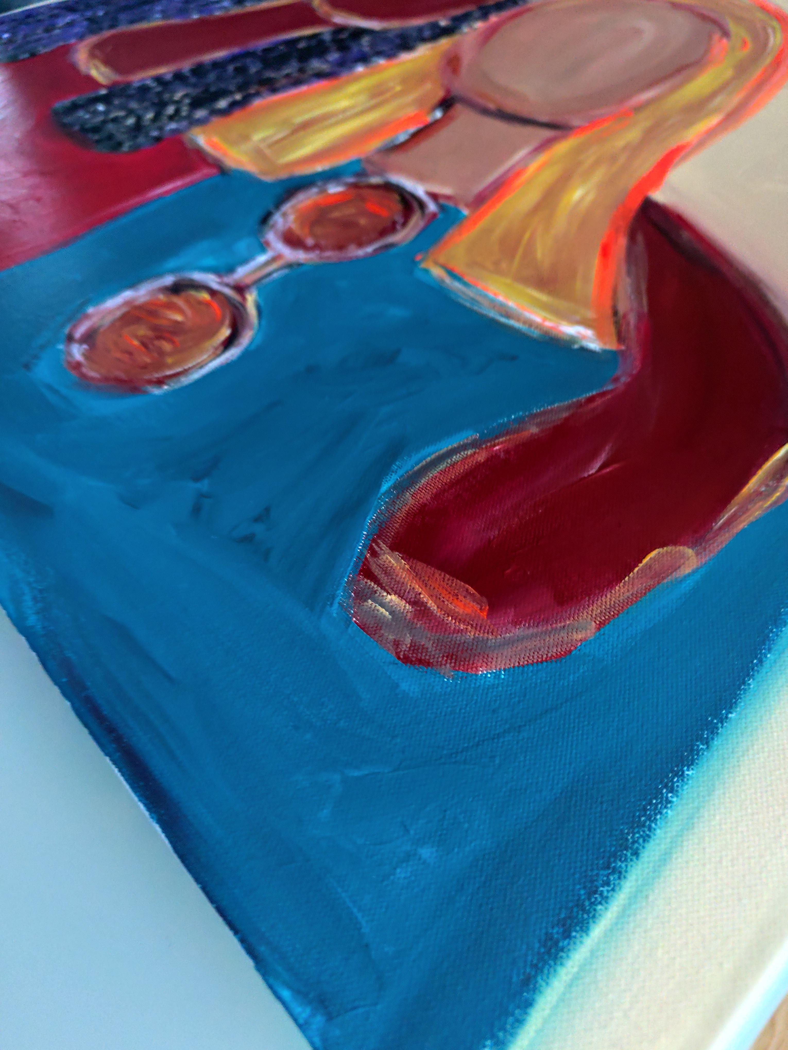 Retrato abstracto contemporáneo colorido de mujer pintura acrílica sobre lienzo en venta 12