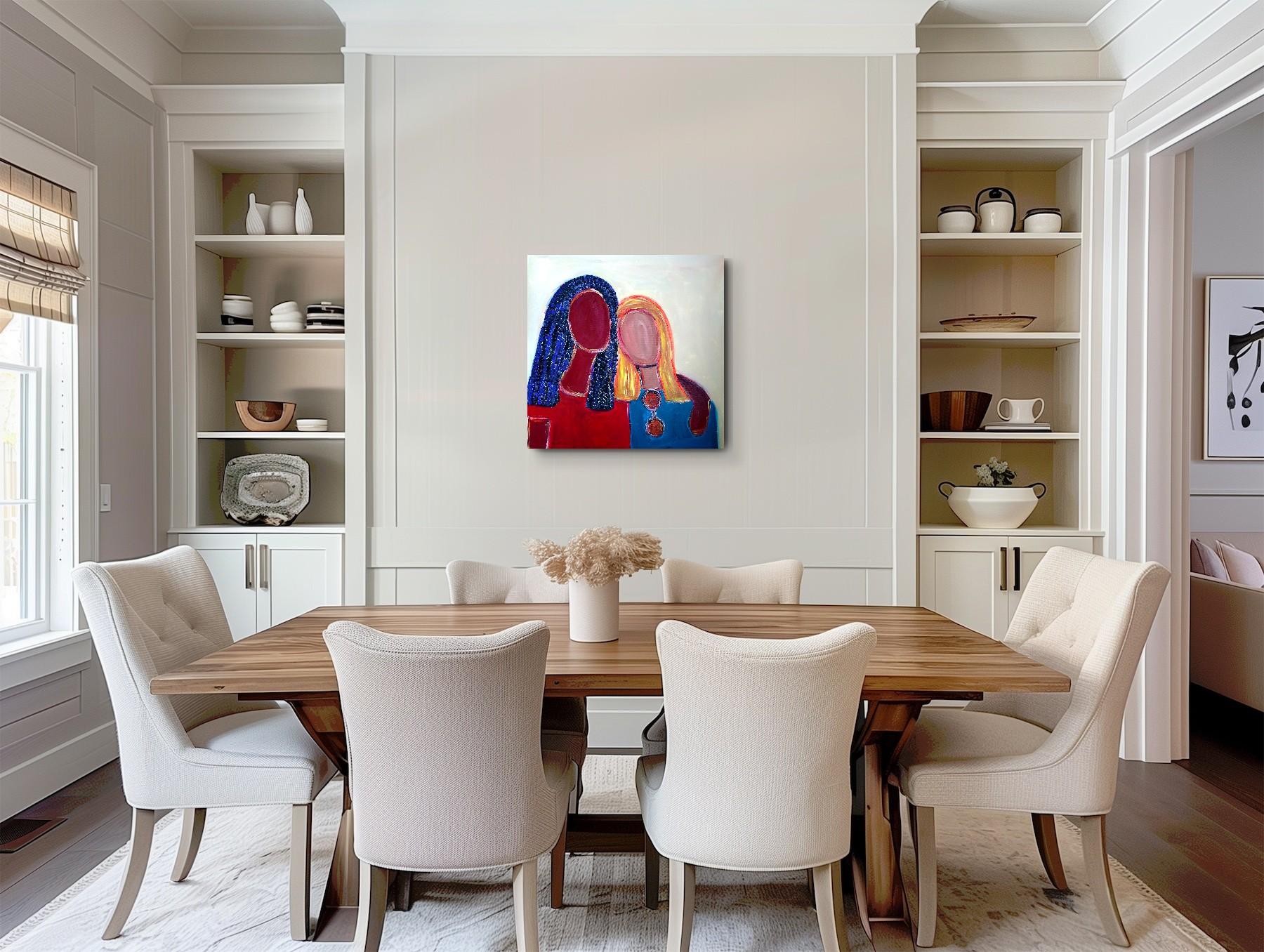 Retrato abstracto contemporáneo colorido de mujer pintura acrílica sobre lienzo en venta 2
