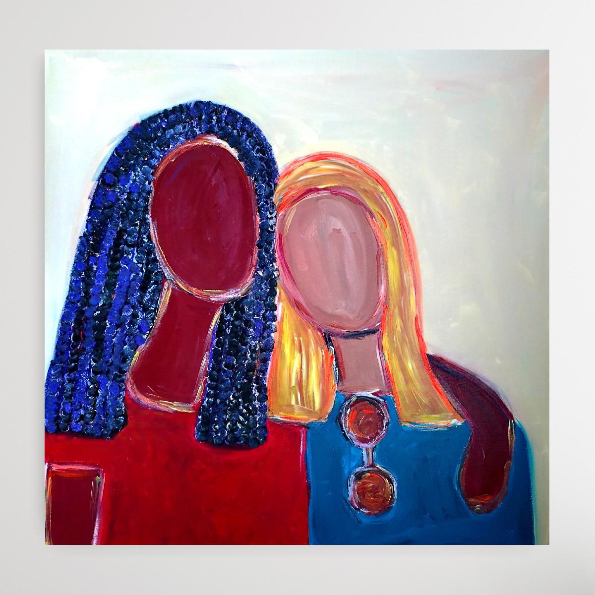 Retrato abstracto contemporáneo colorido de mujer pintura acrílica sobre lienzo en venta 3