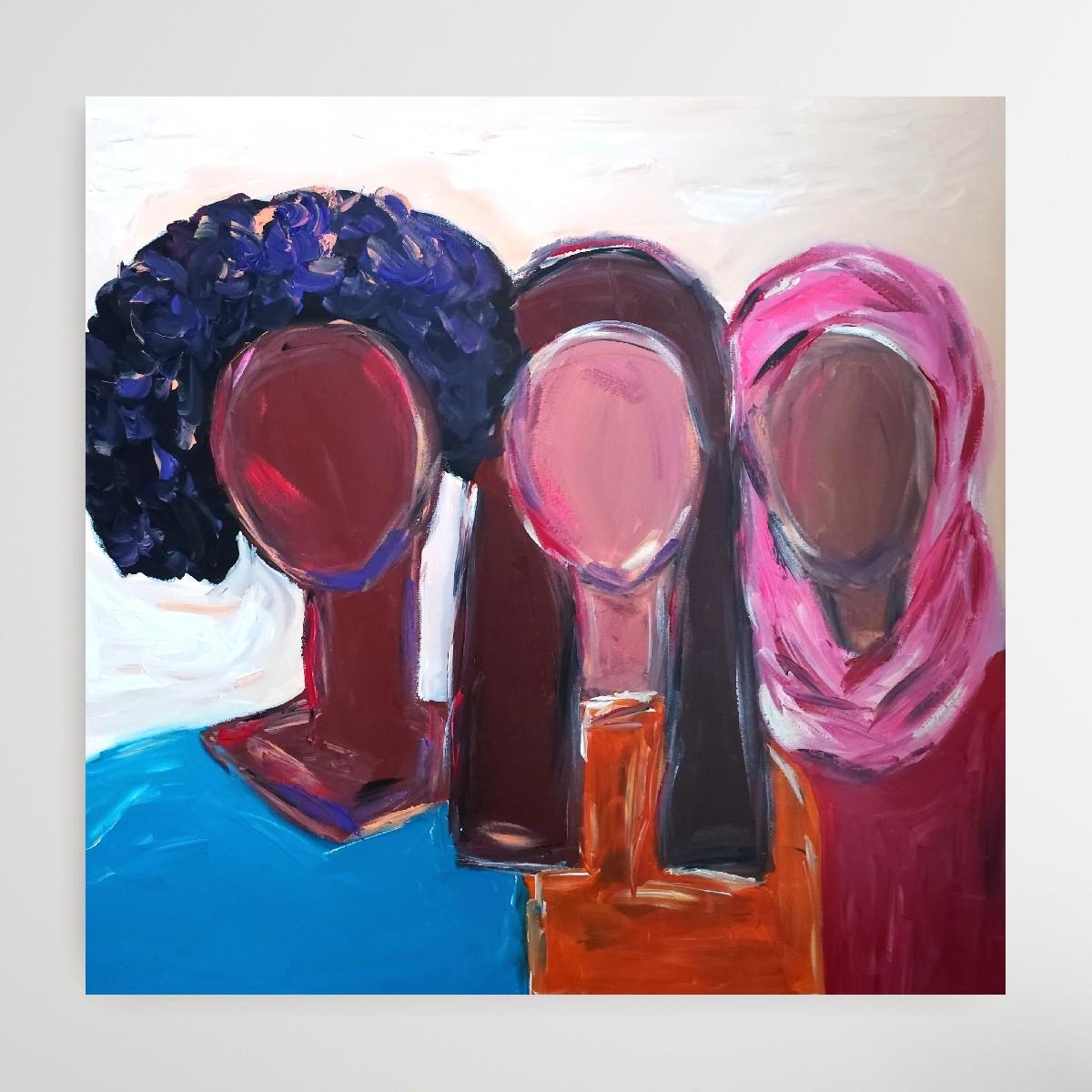 Retrato abstracto contemporáneo colorido de mujer pintura acrílica sobre lienzo en venta 4