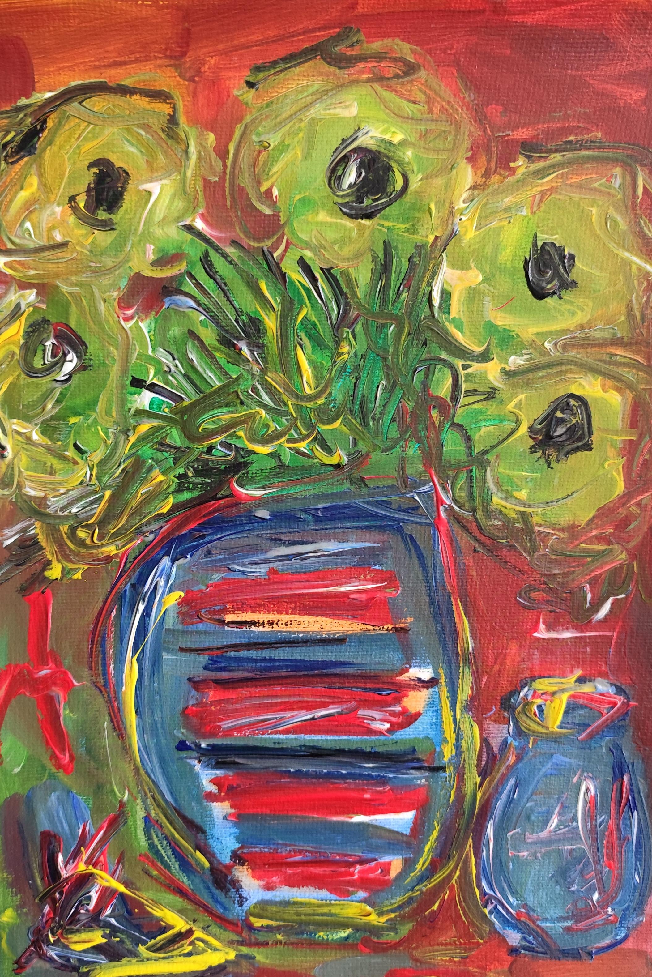 Quadro contemporaneo di natura morta colorata con girasoli in un vaso di carta