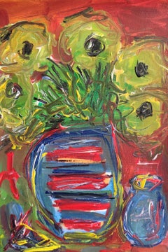 Zeitgenössische bunte Acryl-Stillleben Malerei von Sonnenblumen in einer Vase Papier
