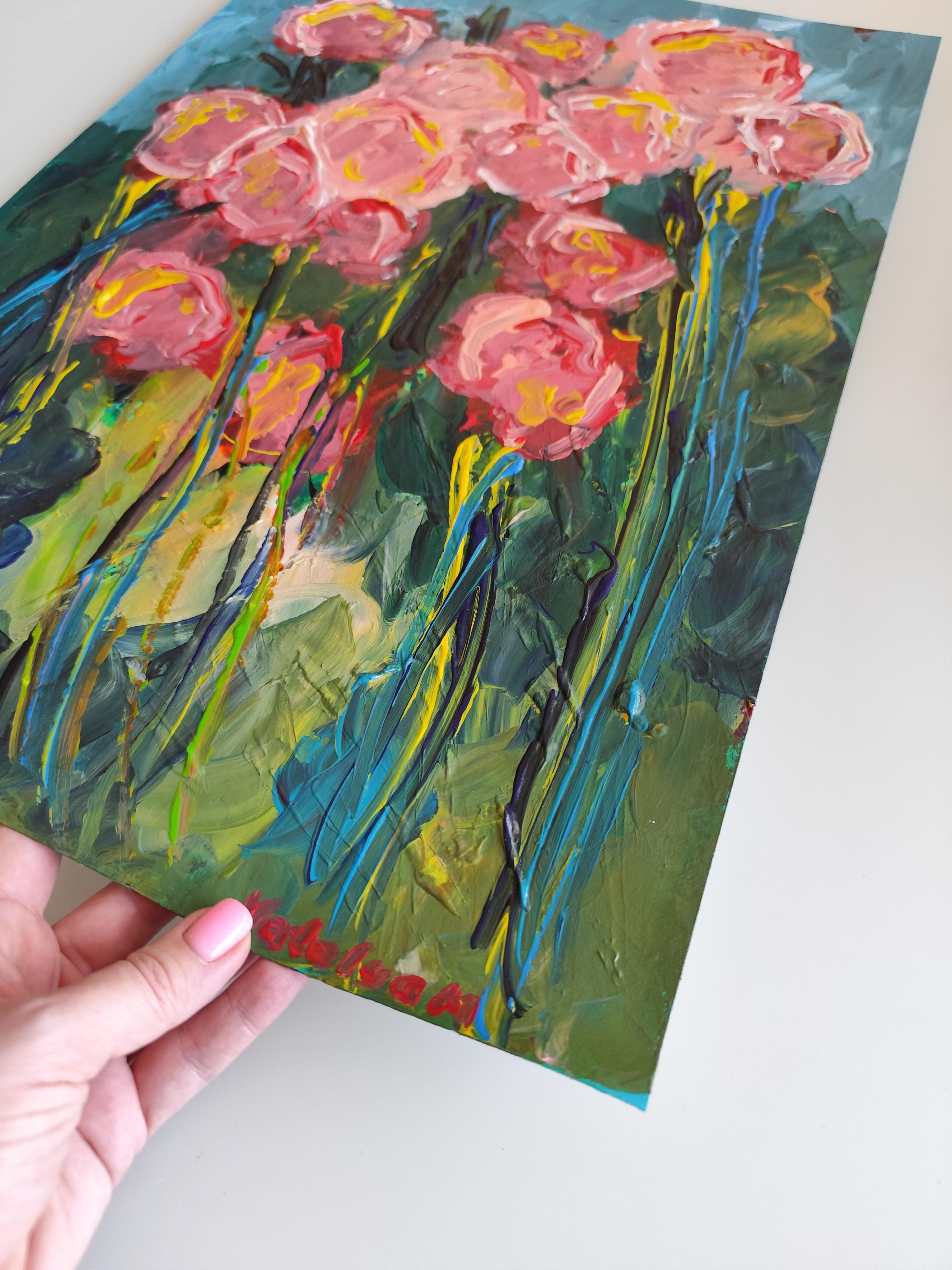 Peinture acrylique florale contemporaine sur papier 