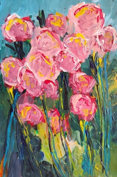 Peinture acrylique florale contemporaine sur papier "Roses dans un jardin d'été"