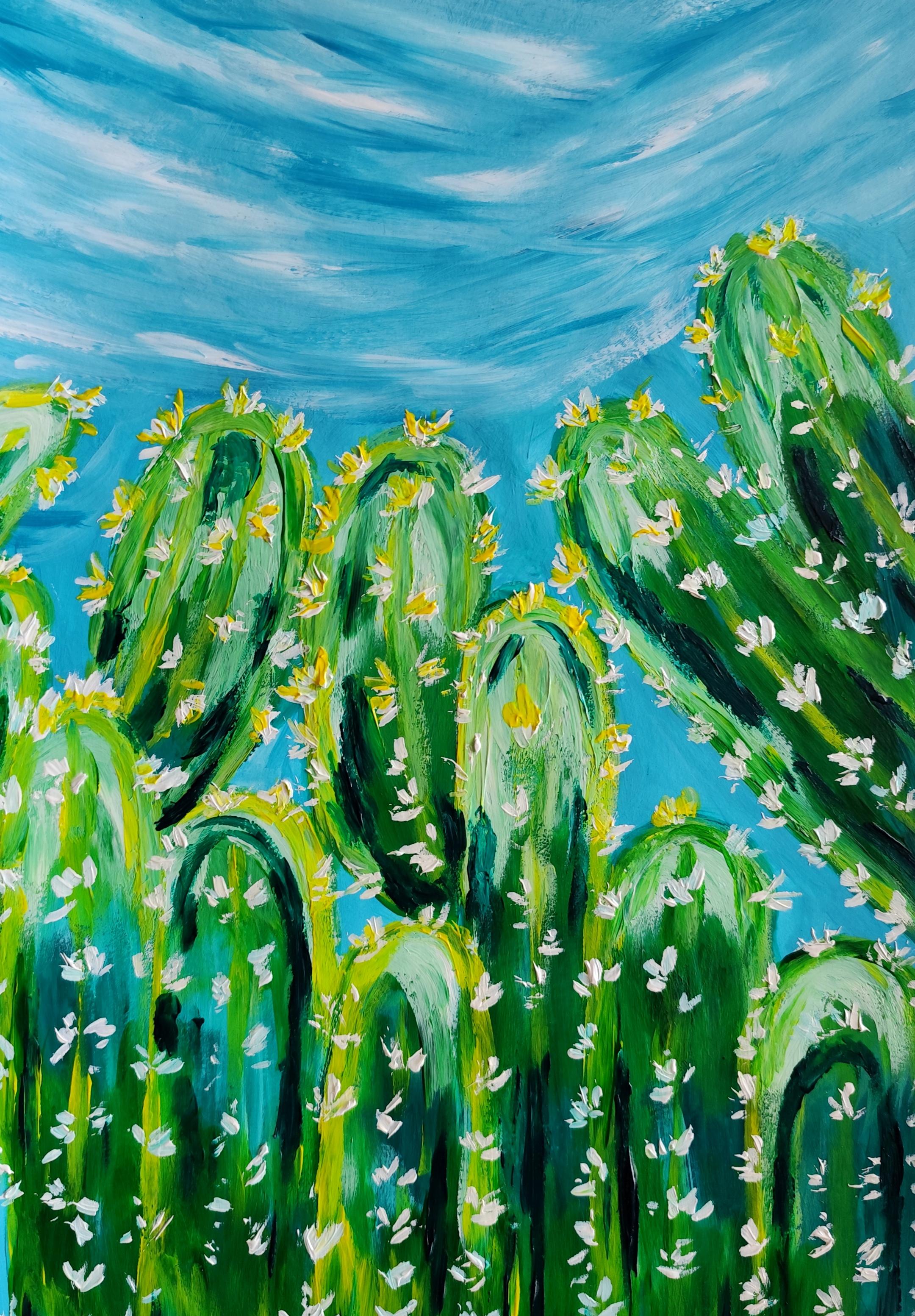 Pittura espressionista contemporanea in acrilico Flora del deserto "Cactus al sole"