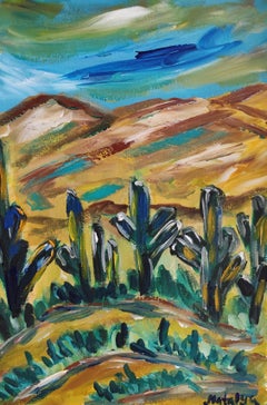 Peinture expressionniste contemporaine de nature "Ombres de cactus et lumière de montagne".