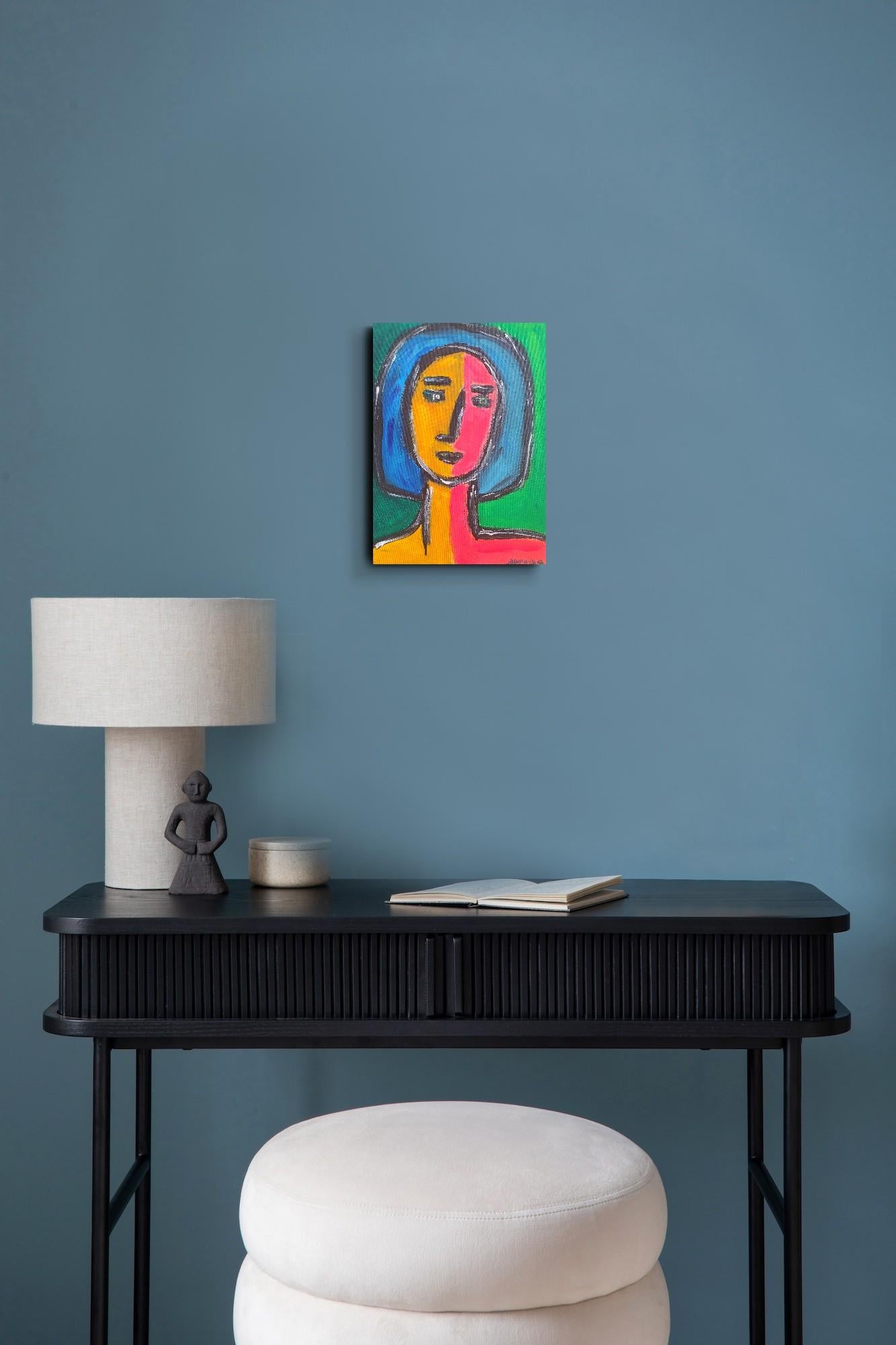 Ce portrait expressionniste contemporain, imprégné d'éléments du fauvisme, de l'expressionnisme, du cubisme et de l'art naïf moderne, a été créé par l'artiste française Natalya Mougenot et fait partie de sa série permanente Portraits, dans laquelle
