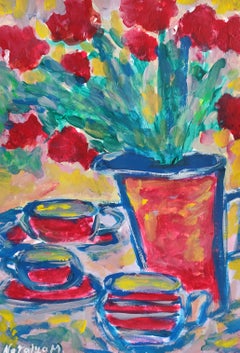 Nature morte expressionniste contemporaine peinture florale "Quiet conversation"