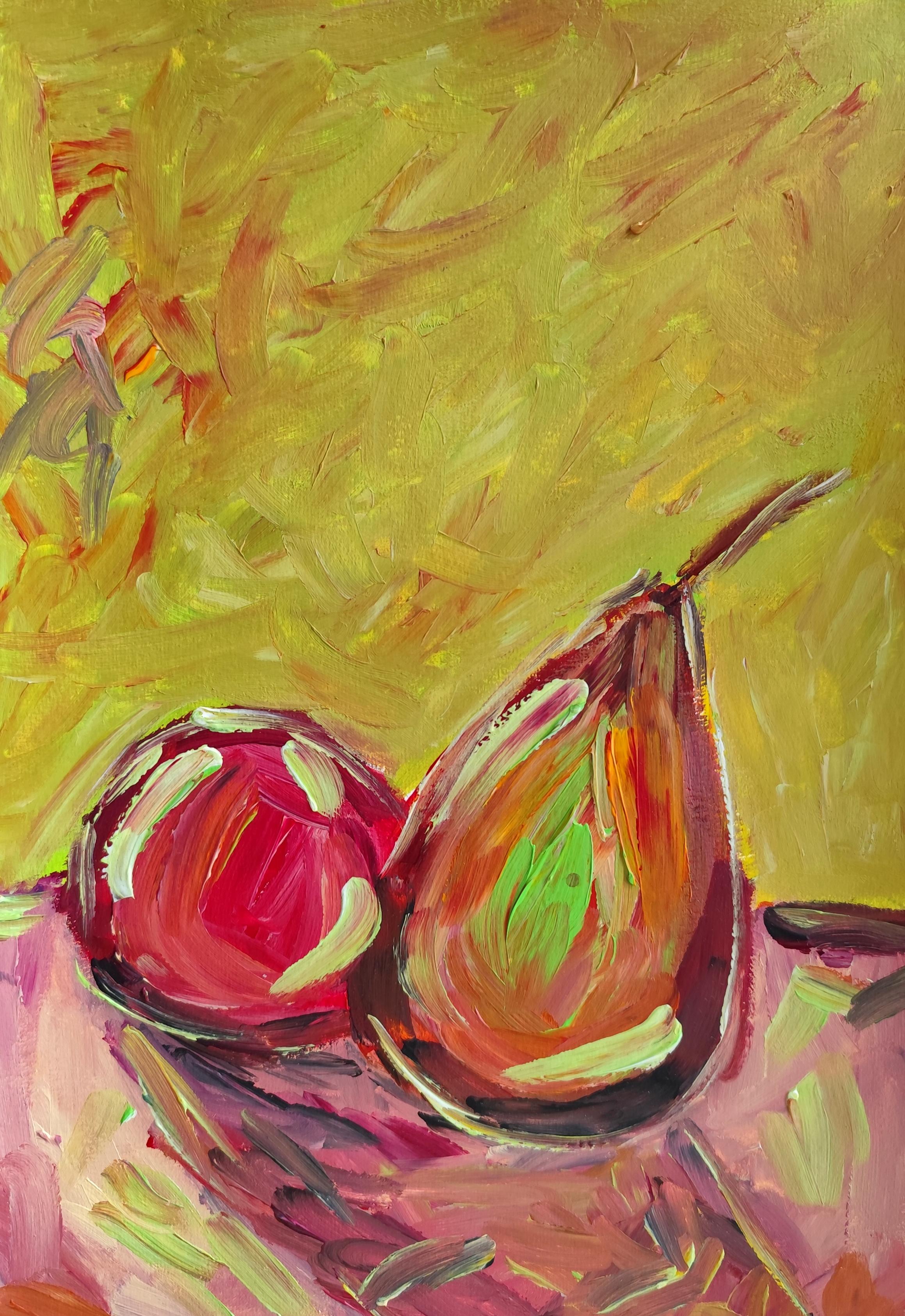 Mougenot Natalya Figurative Painting - Contemporary expressionist still life fruit painting "One apple, one pear"