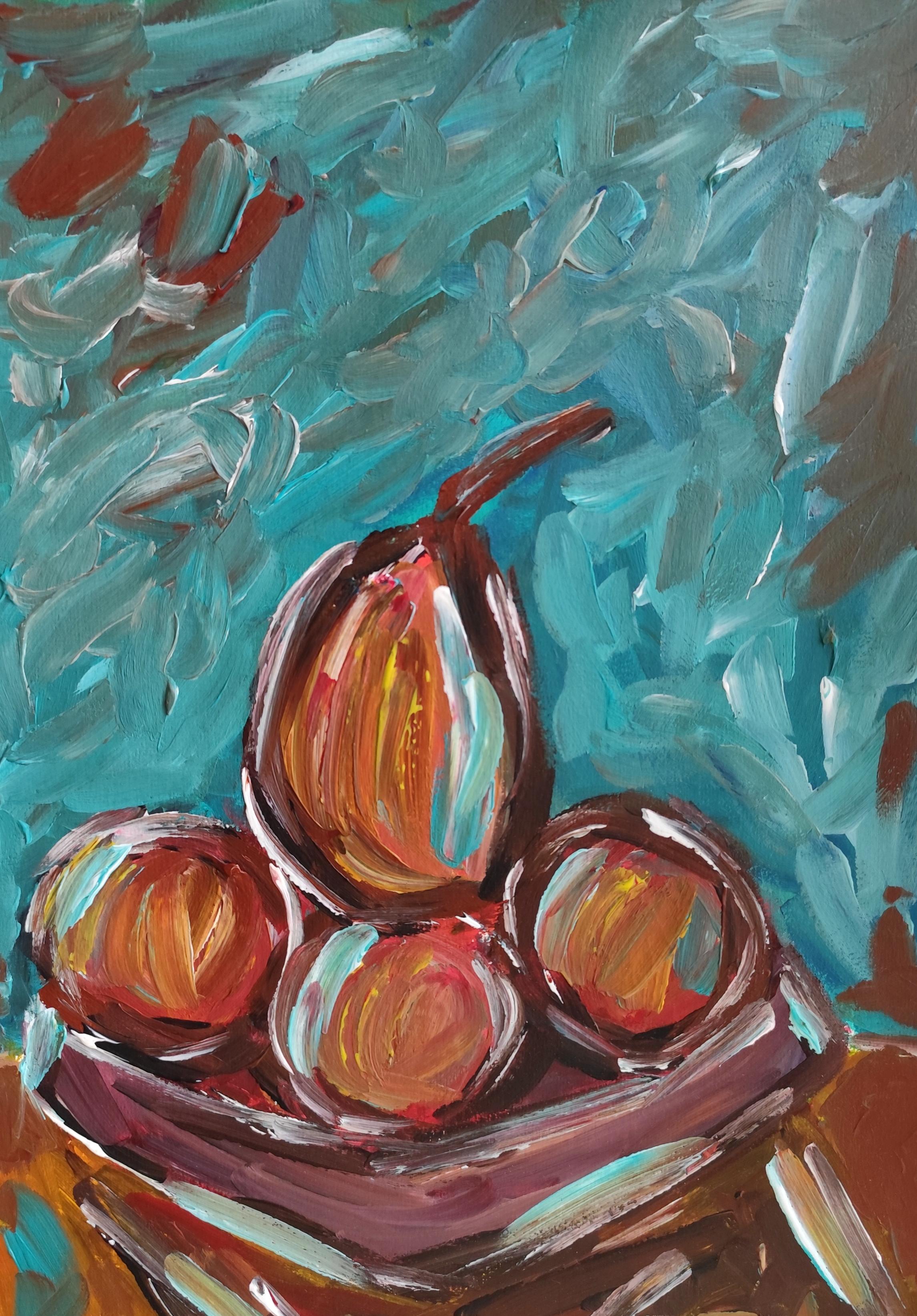 Contemporary  expressionist still life painting "Bowl of apples and a pear"