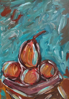Contemporáneo  pintura expresionista de bodegón "Cuenco de manzanas y una pera"
