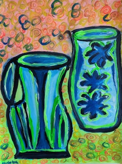 Pittura espressionista contemporanea con nature morte vivide  su carta "Due vasi blu"