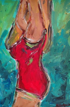 Used Contemporary expressionist woman's figure painting "Red swimsuit, blue sea"