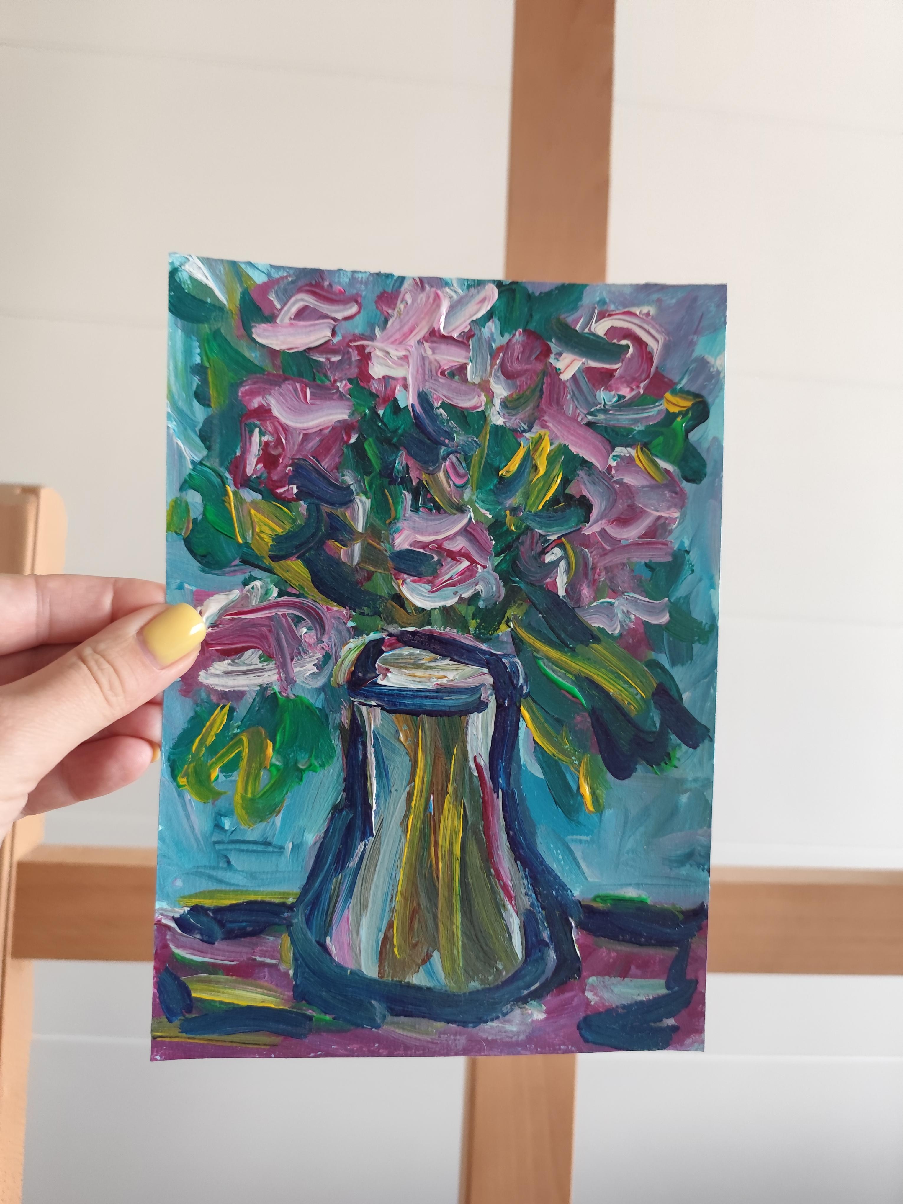 Zeitgenössisches ausdrucksstarkes Blumenstillleben auf Papier 