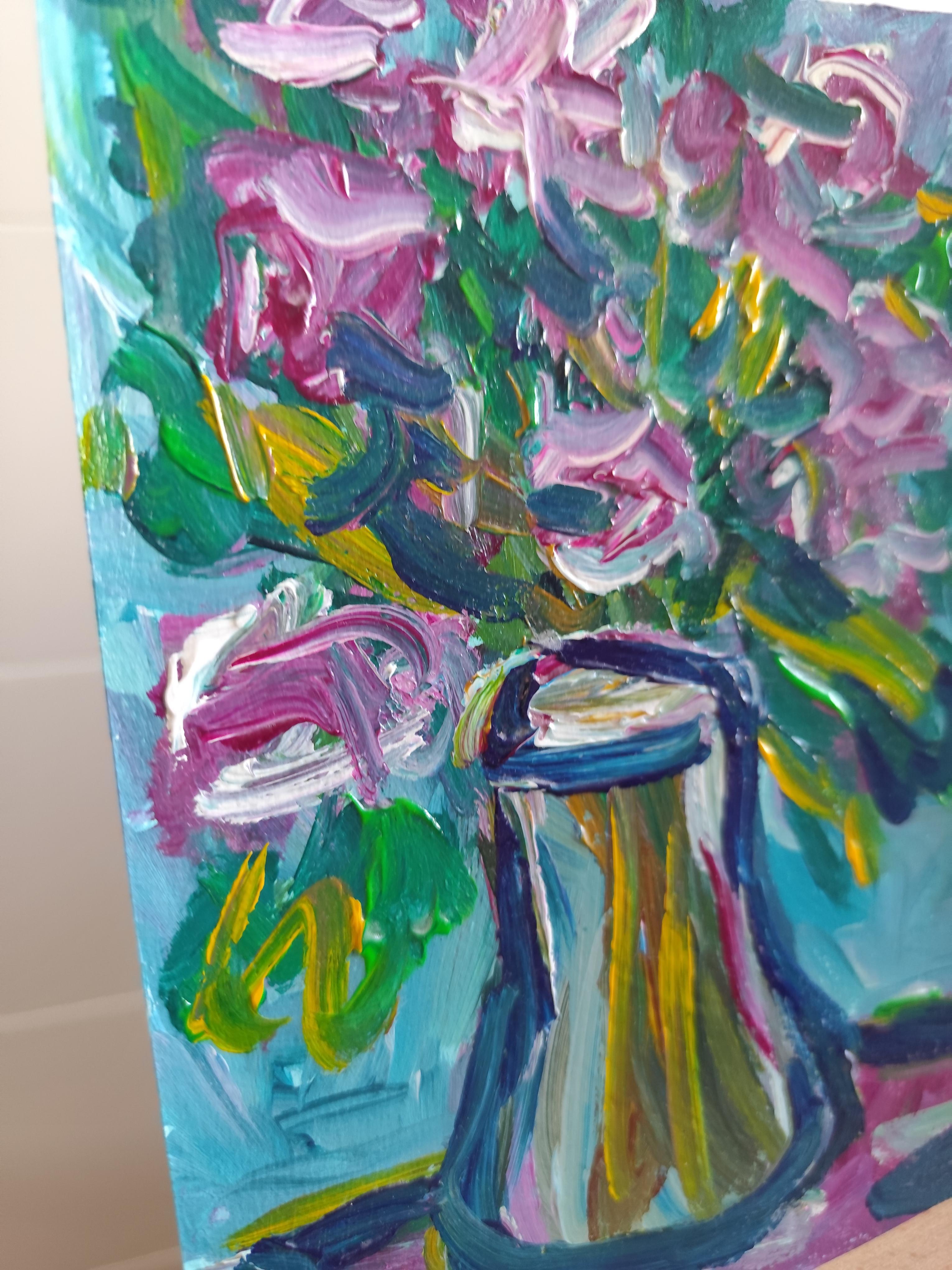 Zeitgenössisches ausdrucksstarkes Blumenstillleben auf Papier 