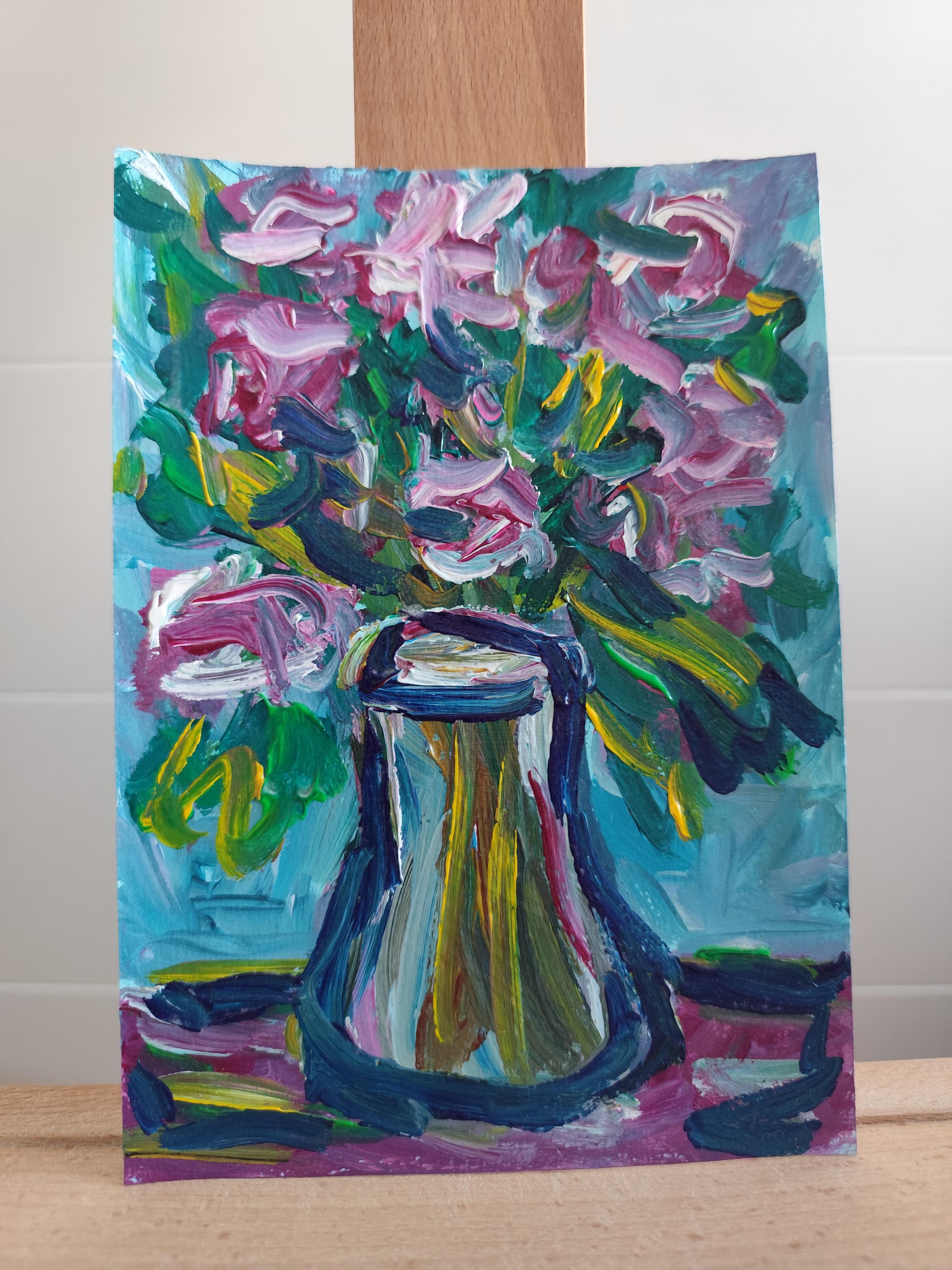 Zeitgenössisches ausdrucksstarkes Blumenstillleben auf Papier 