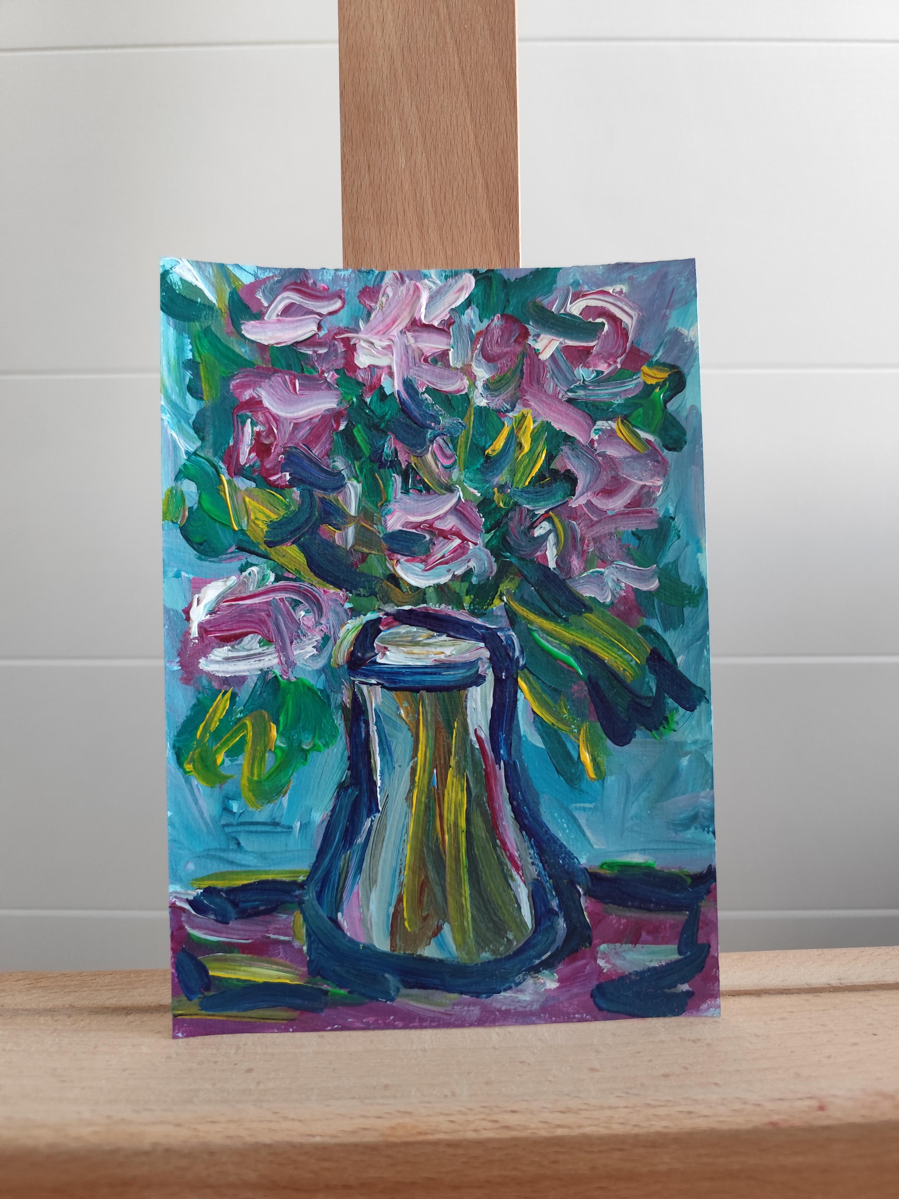 Zeitgenössisches ausdrucksstarkes Blumenstillleben auf Papier 