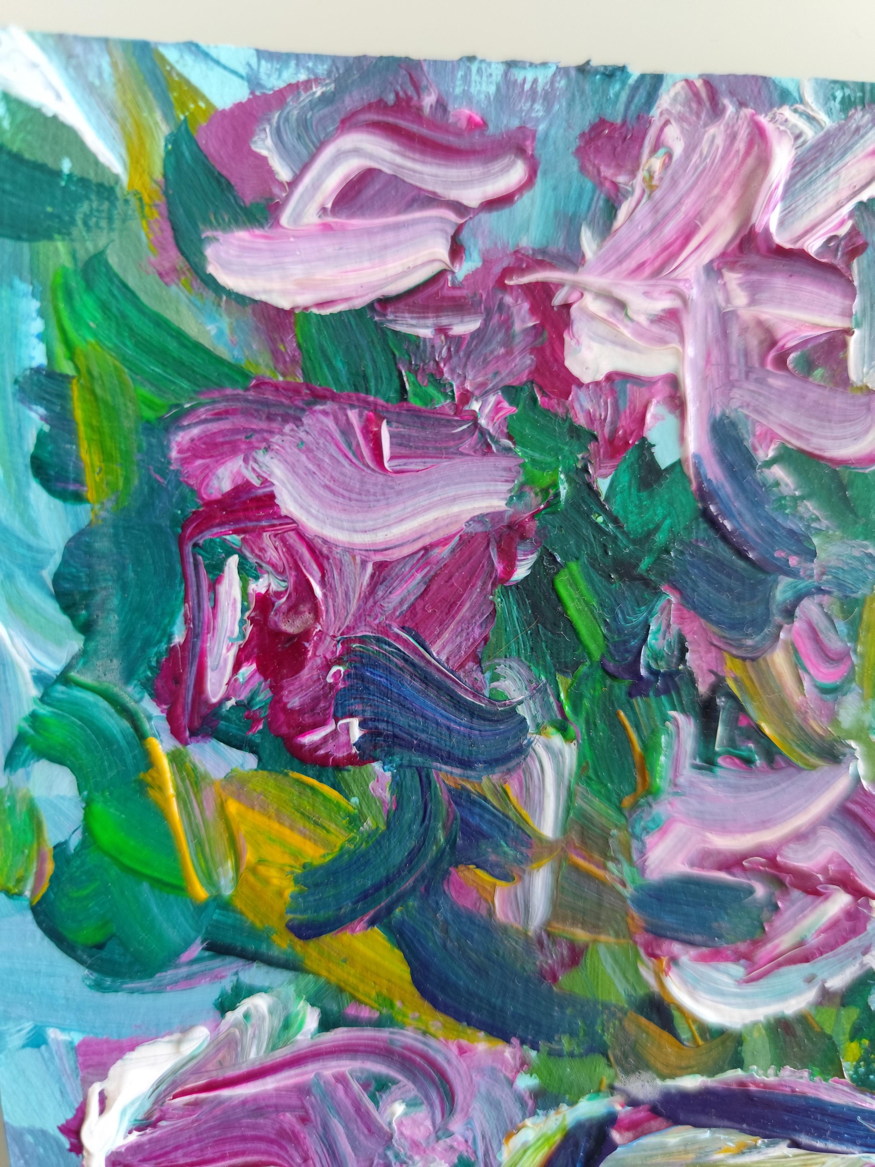 Zeitgenössisches ausdrucksstarkes Blumenstillleben auf Papier 
