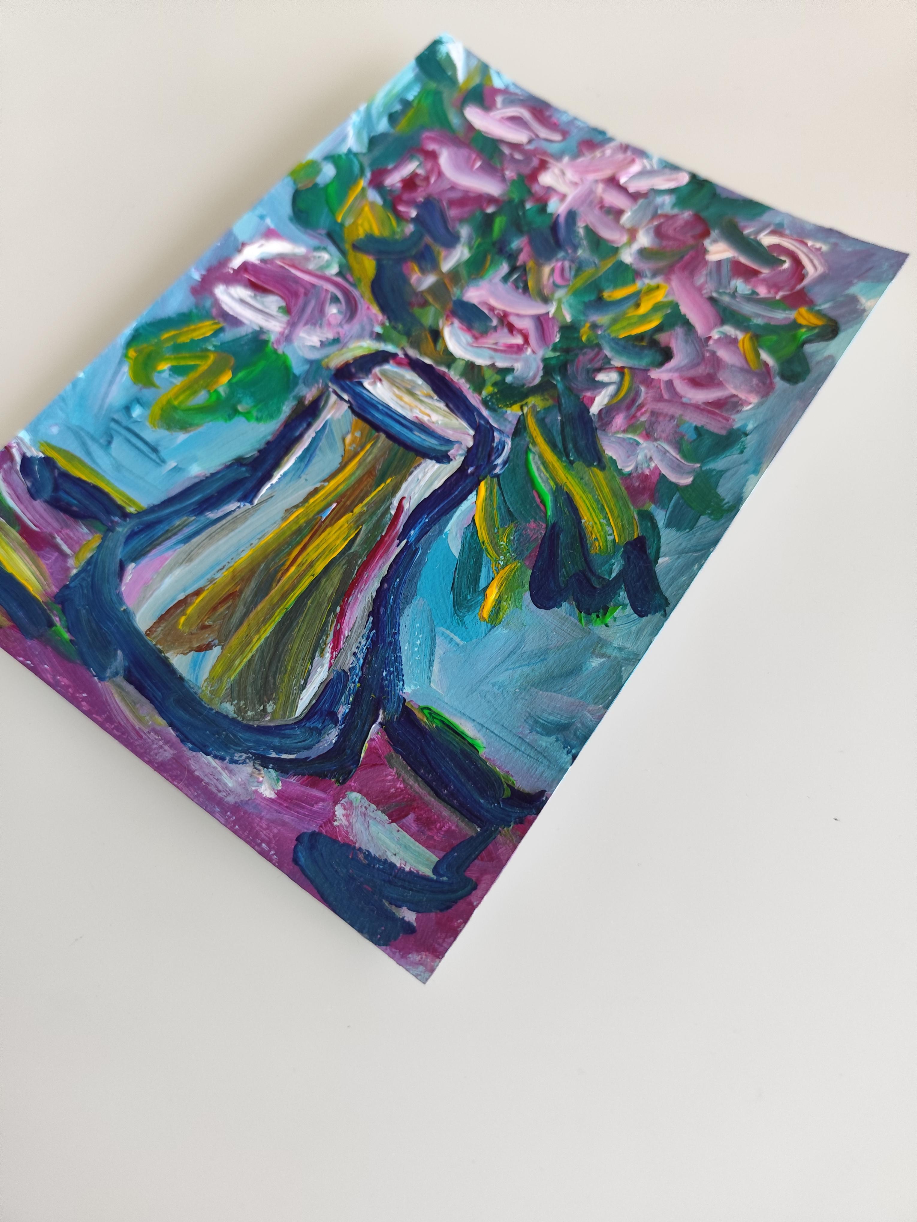 Zeitgenössisches ausdrucksstarkes Blumenstillleben auf Papier 