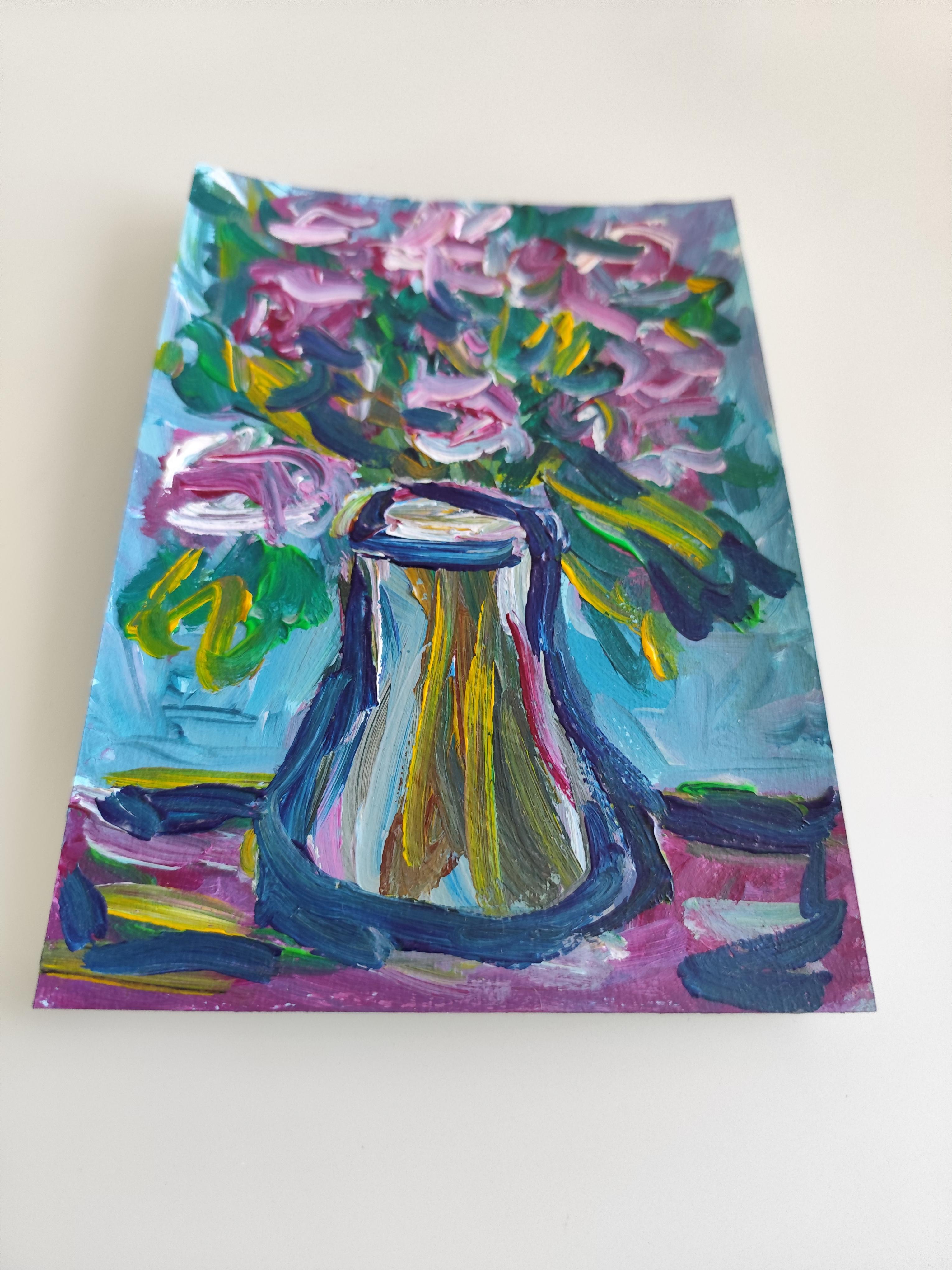 Zeitgenössisches ausdrucksstarkes Blumenstillleben auf Papier 