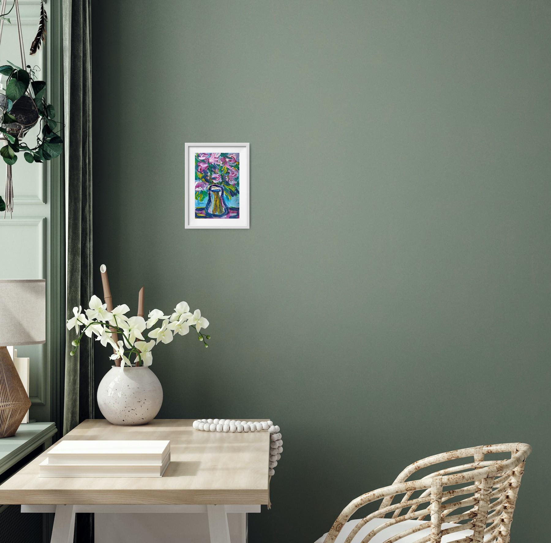Zeitgenössisches ausdrucksstarkes Blumenstillleben auf Papier 