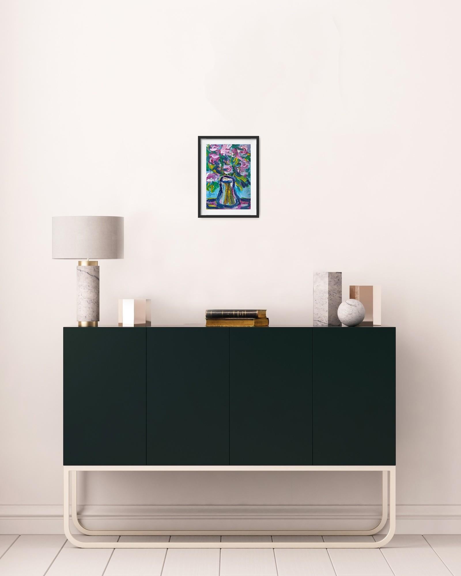 Zeitgenössisches ausdrucksstarkes Blumenstillleben auf Papier 