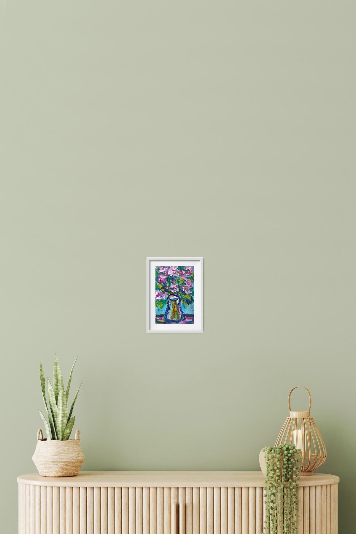 Zeitgenössisches ausdrucksstarkes Blumenstillleben auf Papier 