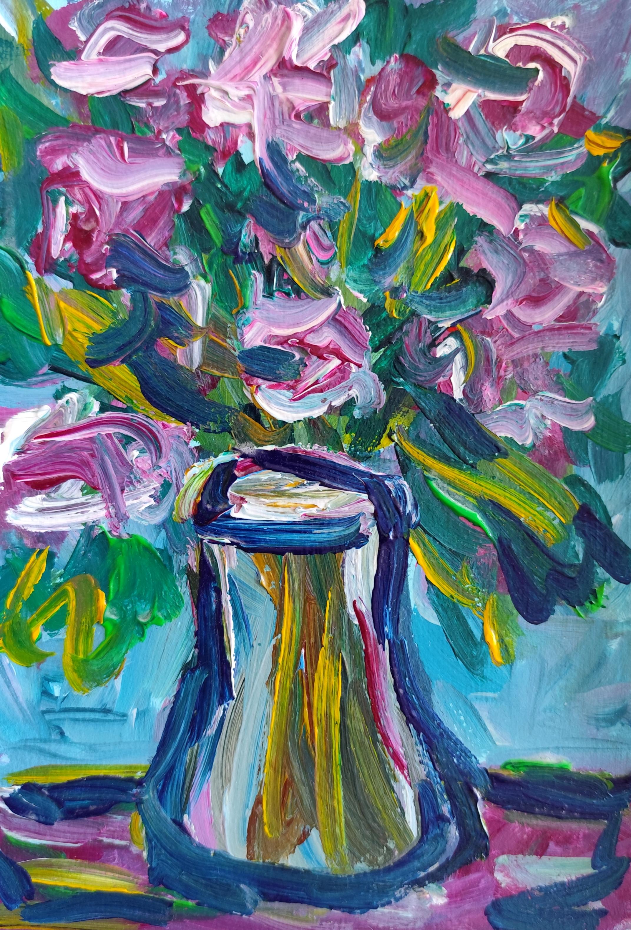 Contemporary expressive still life floral painting on paper "Blooming Joy "