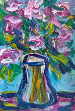 Pittura espressiva contemporanea di natura morta floreale su carta "Blooming Joy".