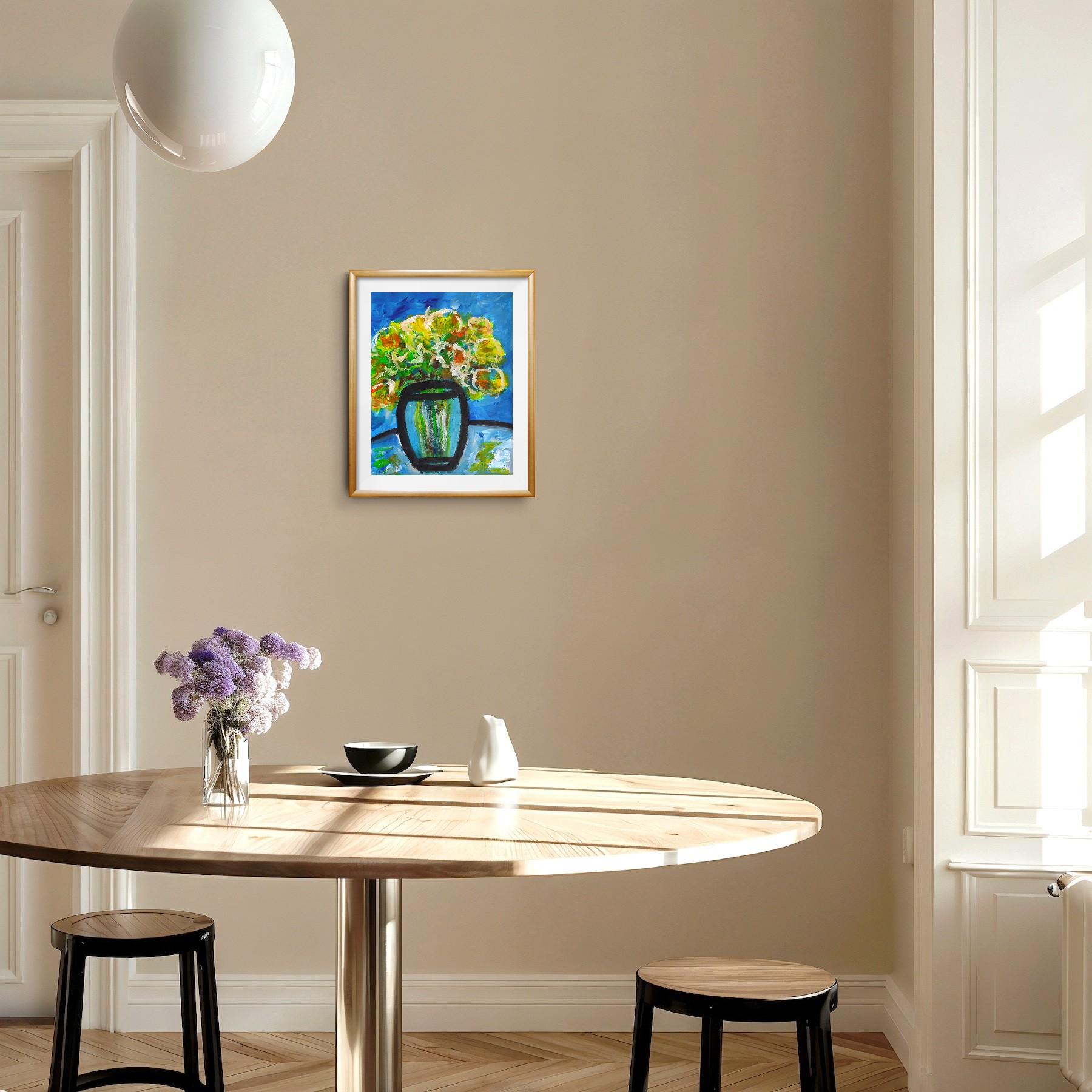 Quadro espressivo contemporaneo di natura morta floreale 