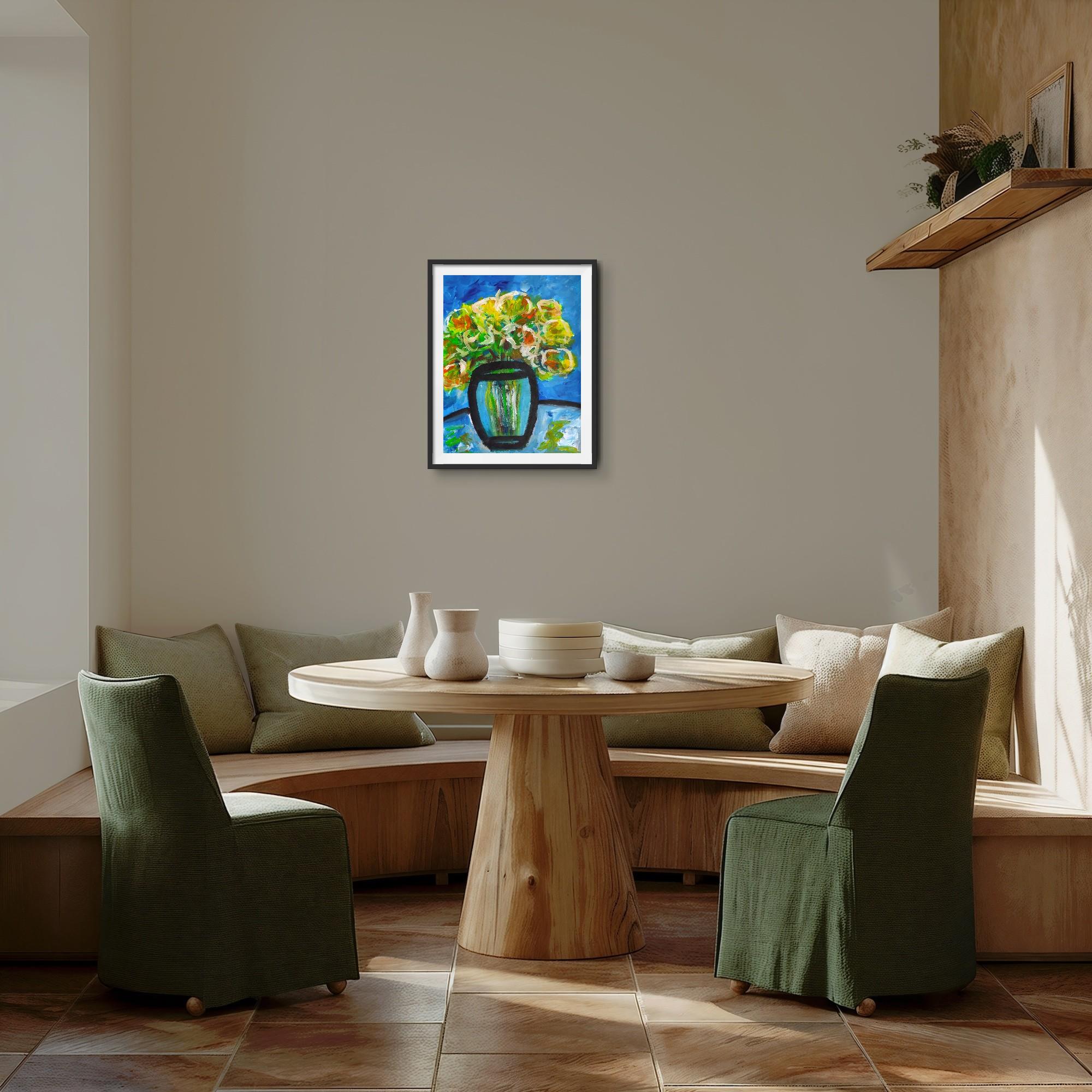 Quadro espressivo contemporaneo di natura morta floreale 