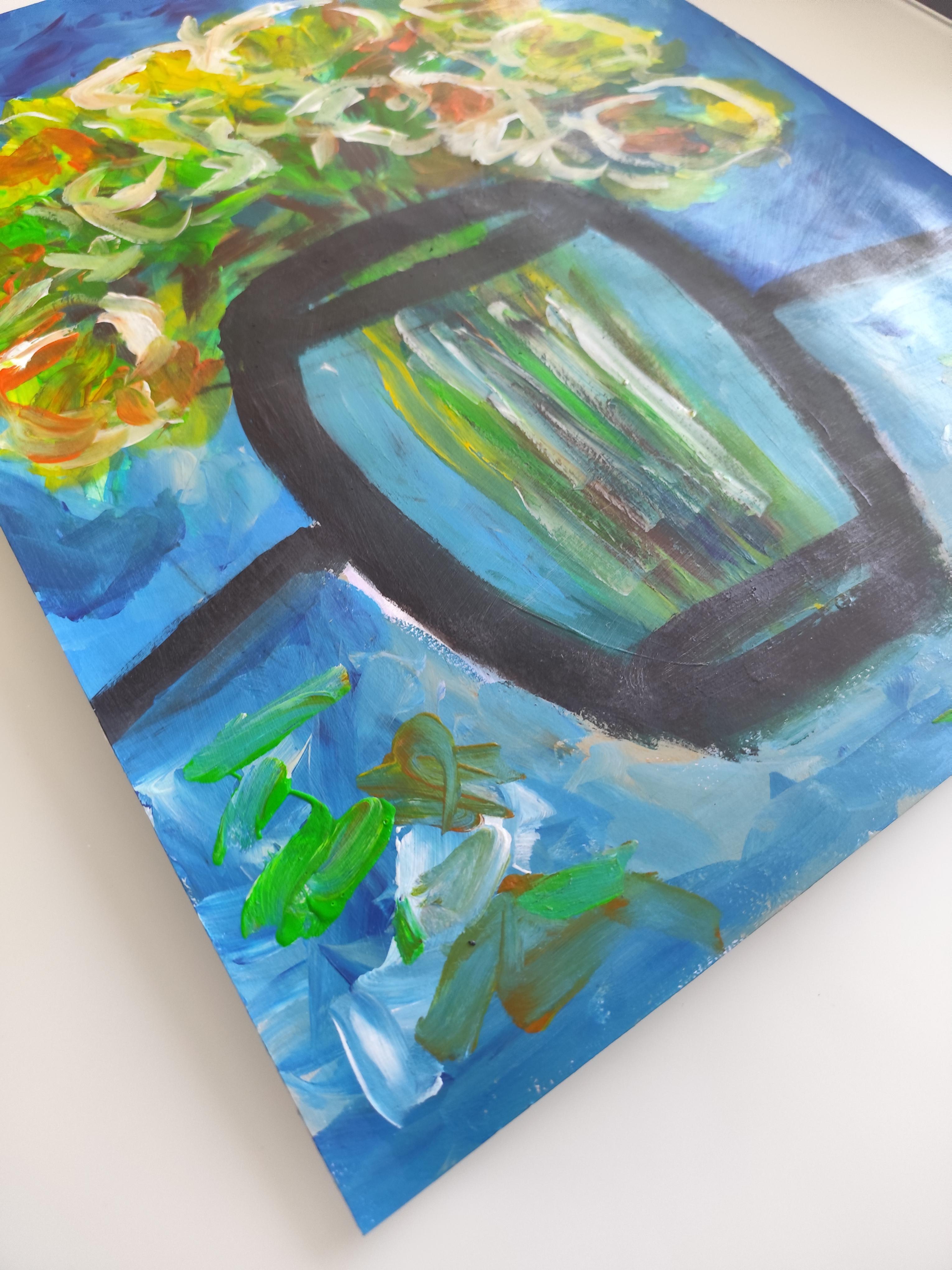 Quadro espressivo contemporaneo di natura morta floreale 