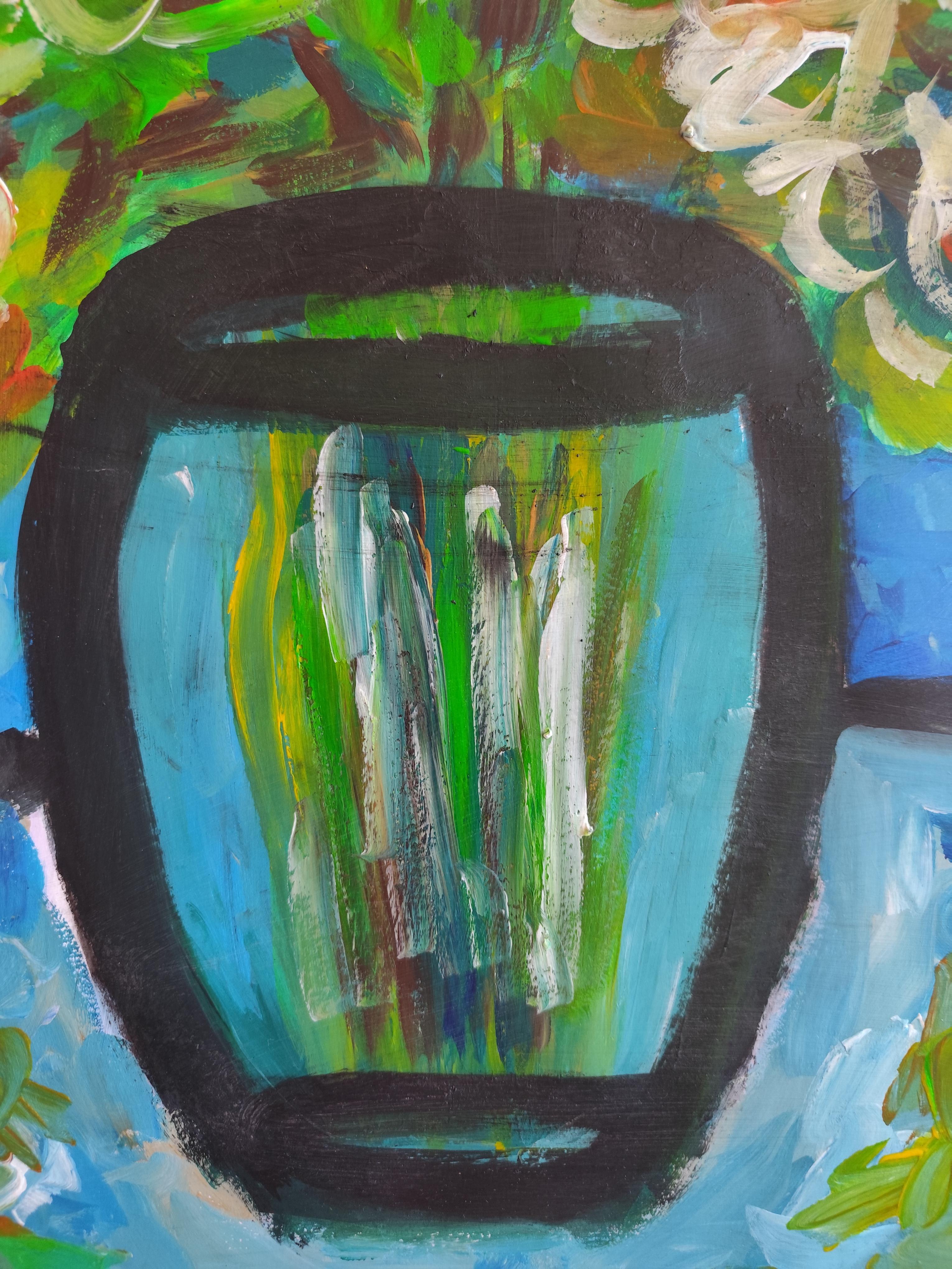 Quadro espressivo contemporaneo di natura morta floreale 