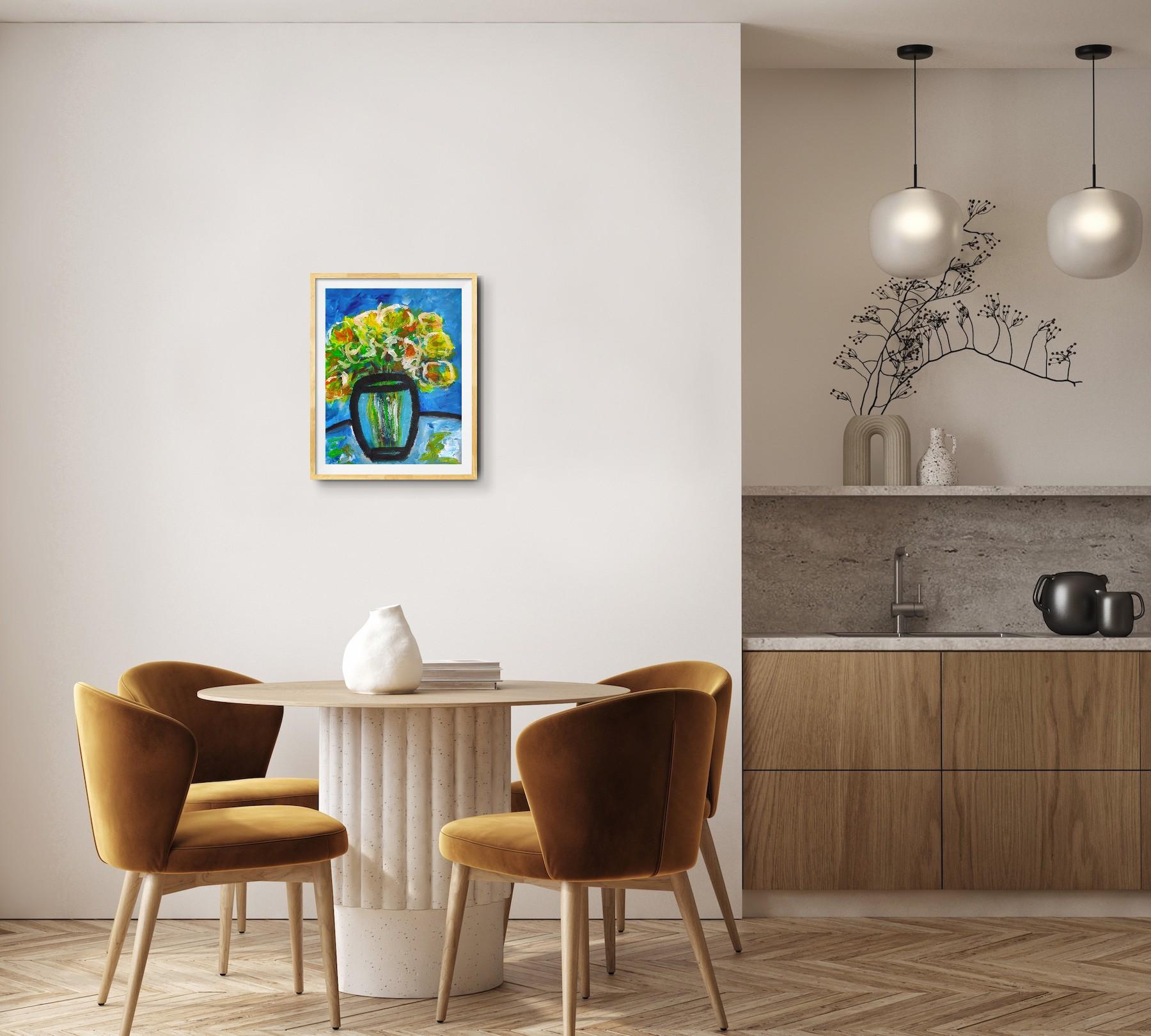 Quadro espressivo contemporaneo di natura morta floreale 