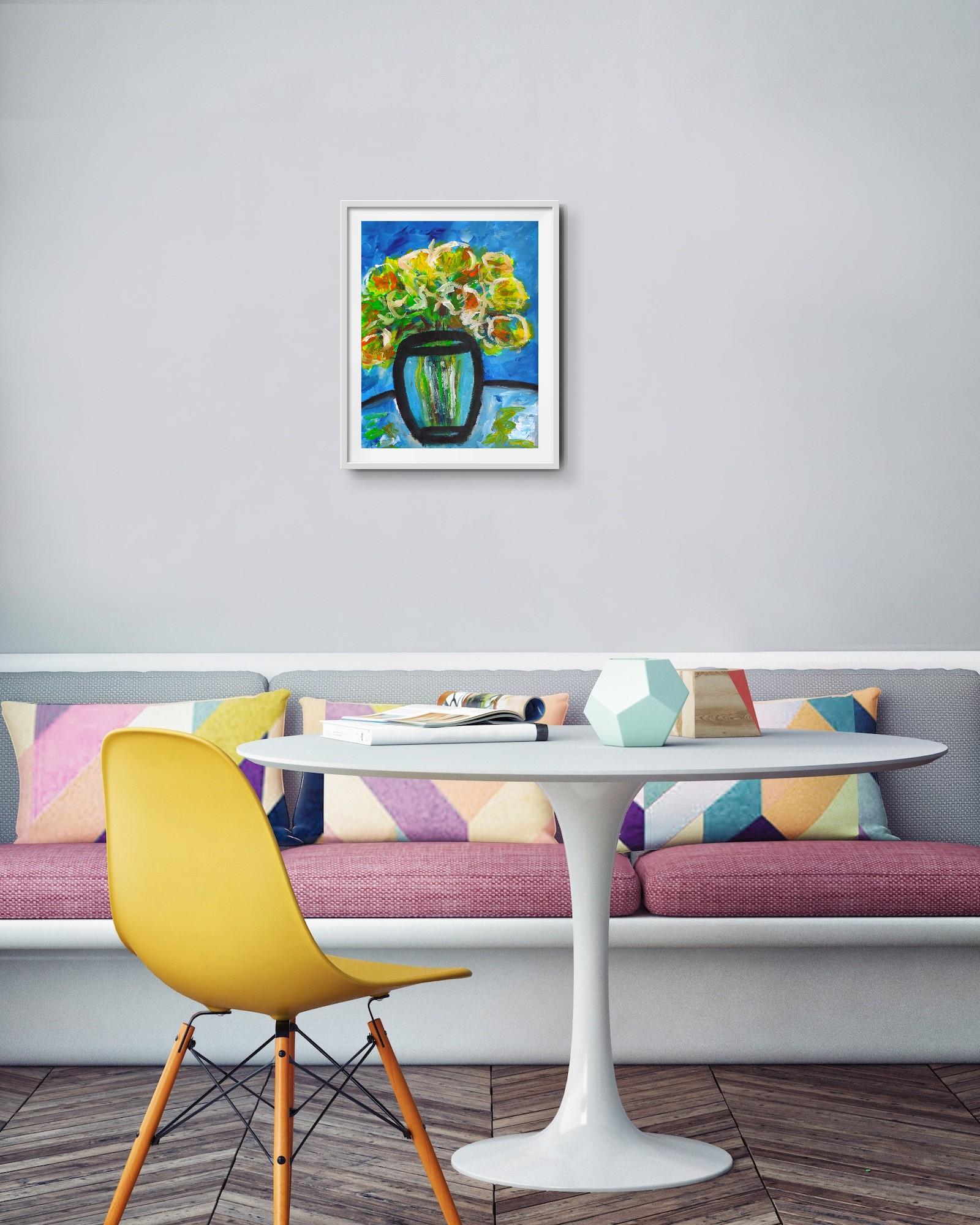 Quadro espressivo contemporaneo di natura morta floreale 