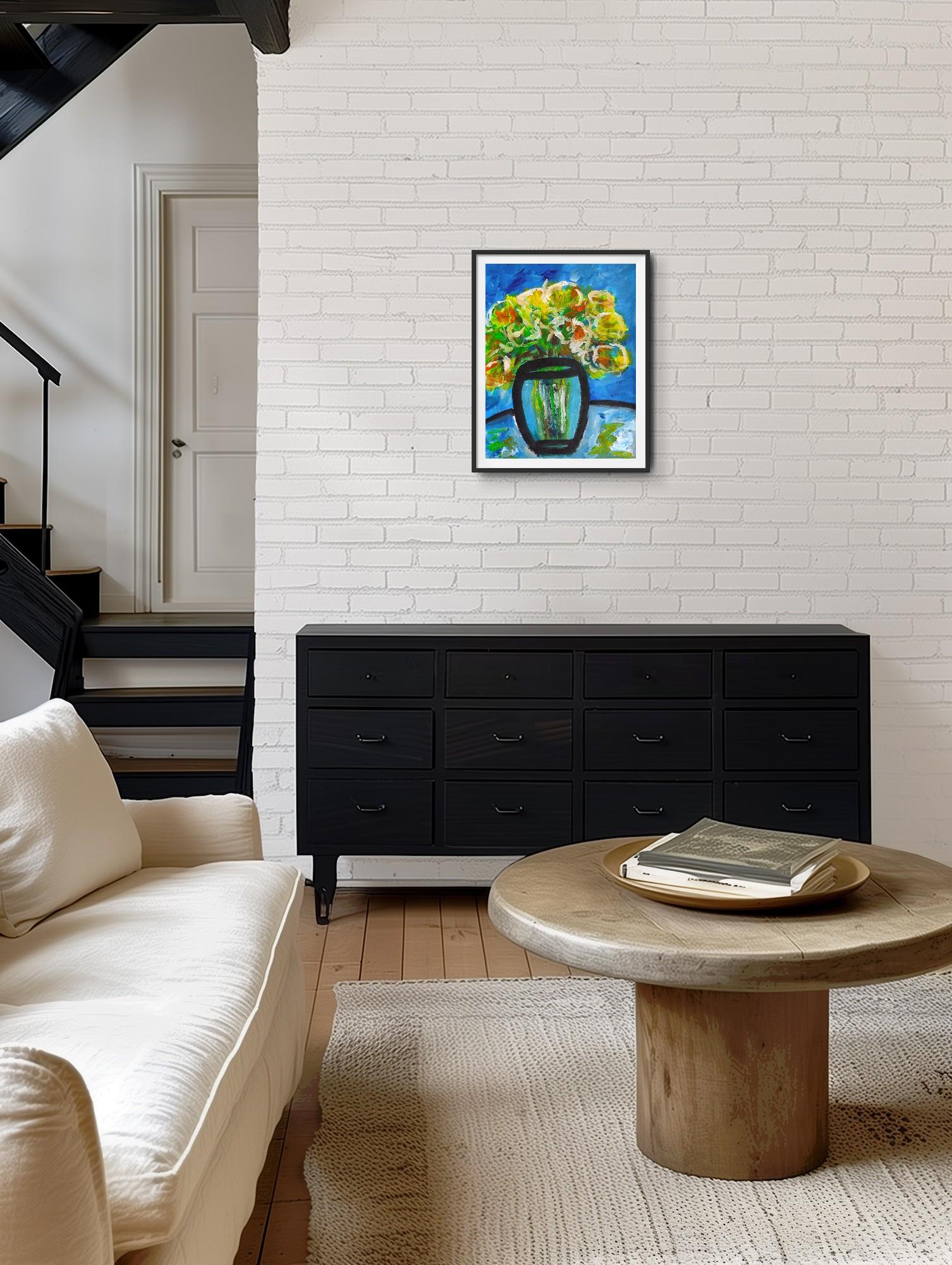 Quadro espressivo contemporaneo di natura morta floreale 