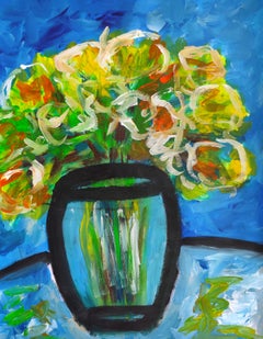 Quadro espressivo contemporaneo di natura morta floreale "Vaso con fiori gialli".