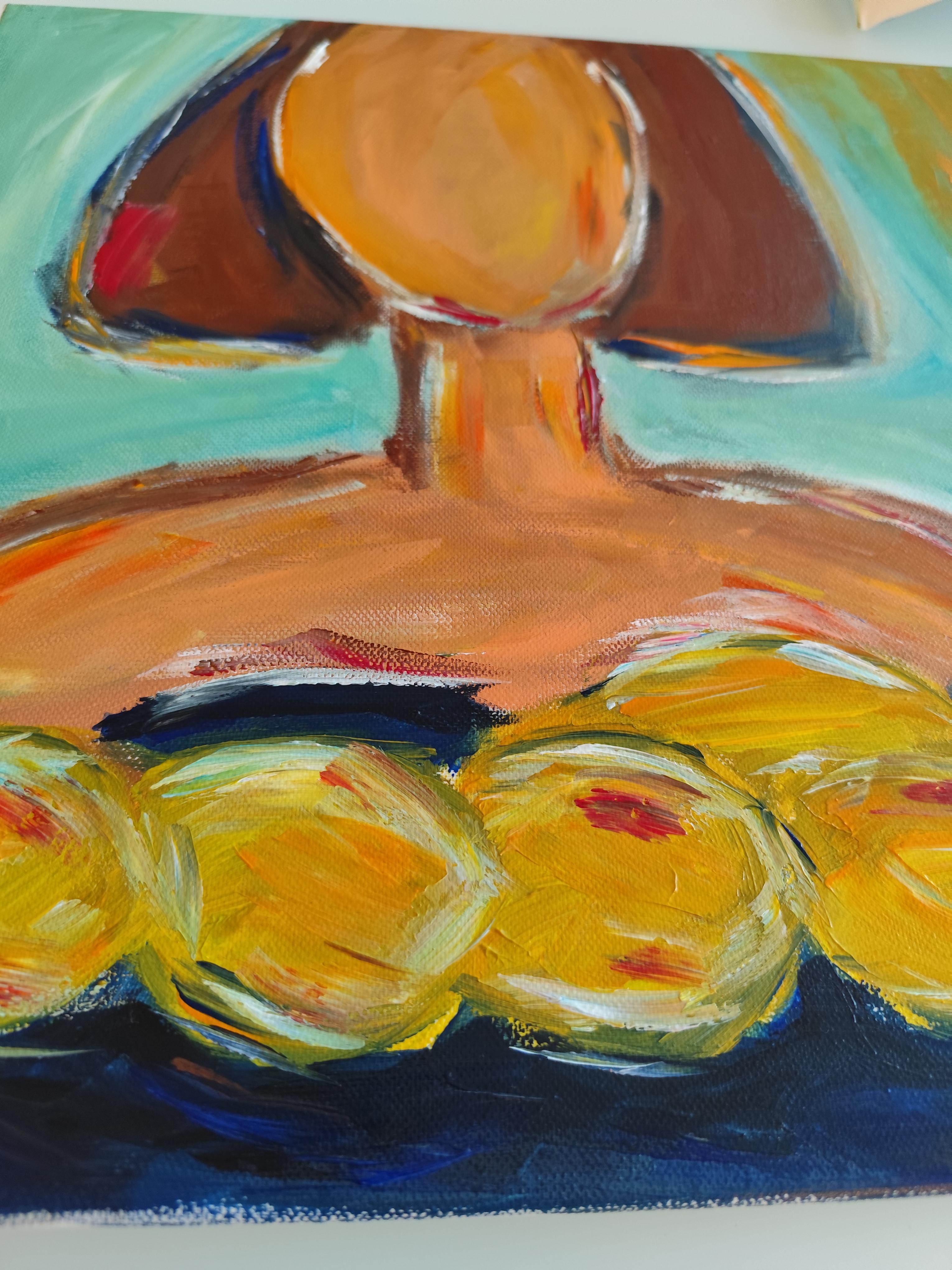 Pintura figurativa contemporánea en acrílico de una mujer con limones sobre lienzo 5